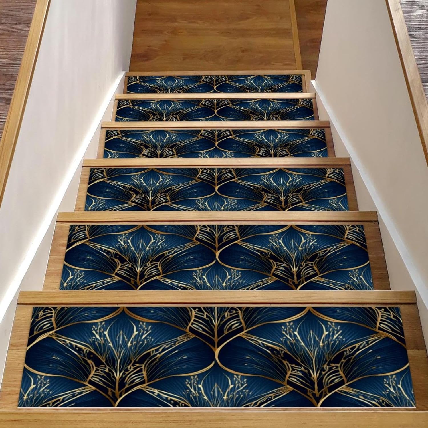 15pcs Geometric Leaves Texture Stair Treads for Wooden Steps Non-Slip Machine Washable Carpet Stair Treads 8″X30″ Soft Indoor Edging Stair Rugs for Kids and Dogs, 100% Polyester, TPE Backing