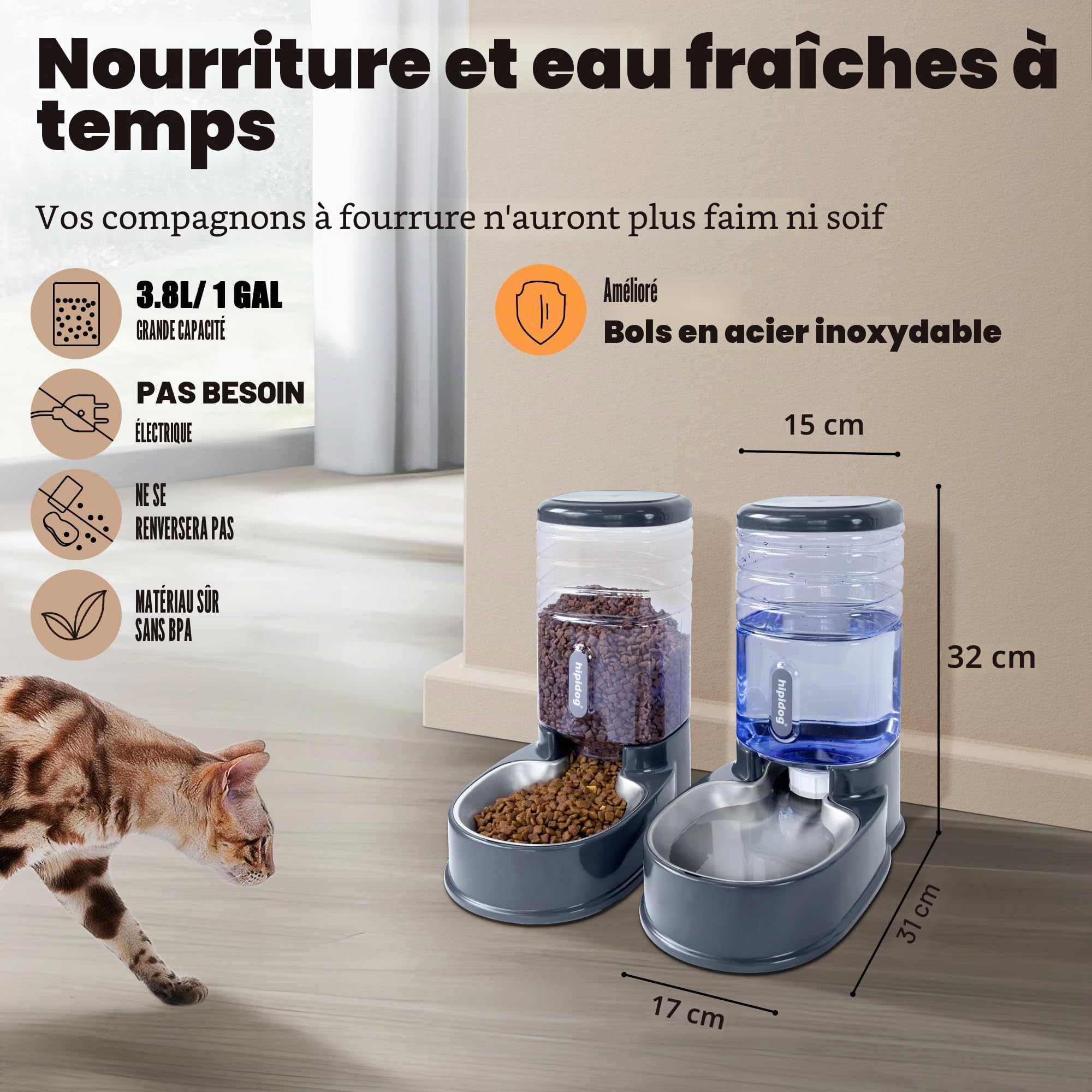 Distributeur Automatique de Nourriture et d'eau pour Animaux domestiques de Petite et Moyenne Taille 3,8 L (Gray)