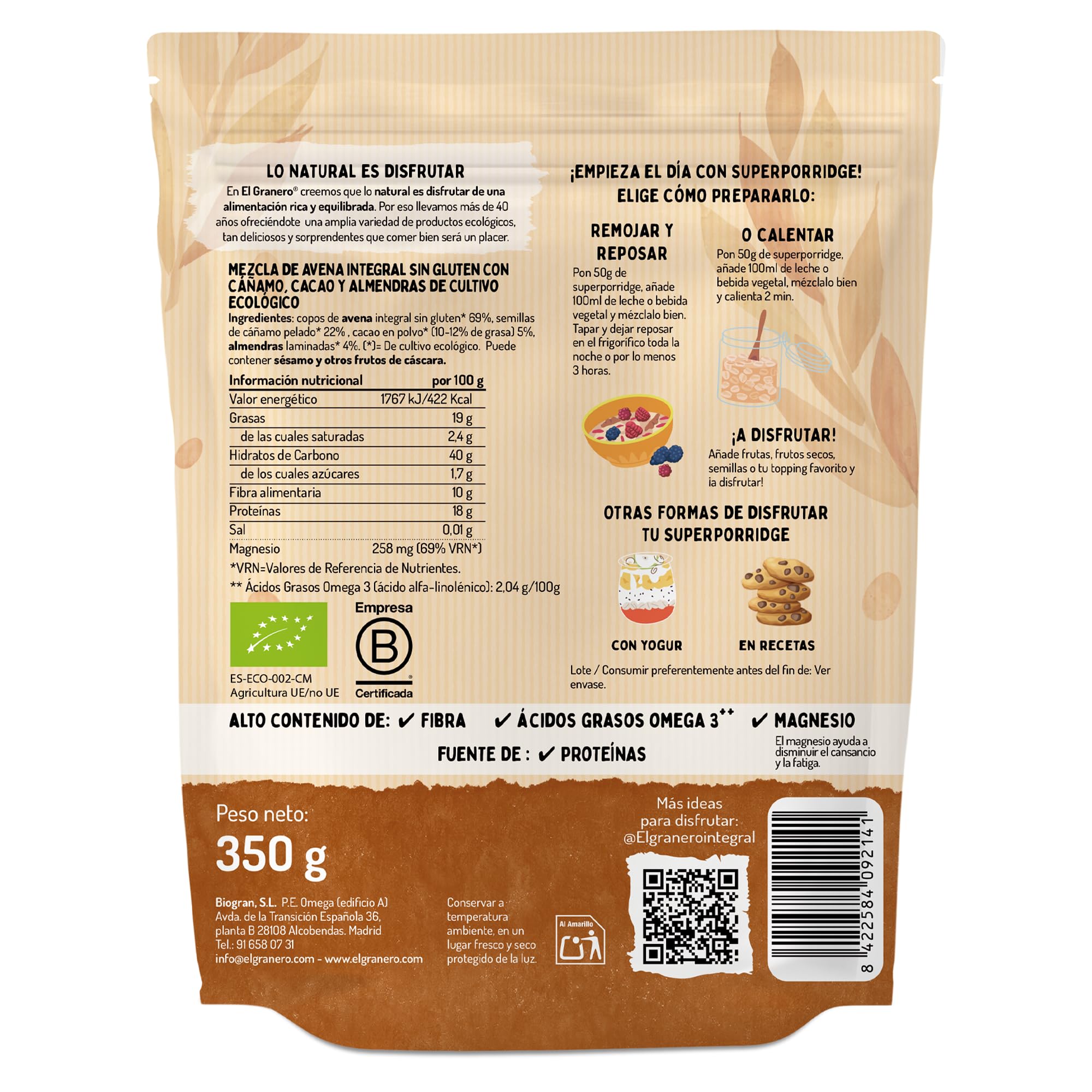 EL GRANERO INTEGRAL - Super Porridge Bio de Cacao Sin Gluten – Desayuno Ecológico, Vegano y Nutritivo – Alto en Fibra, Omega 3, Proteína y Magnesio – 350 g