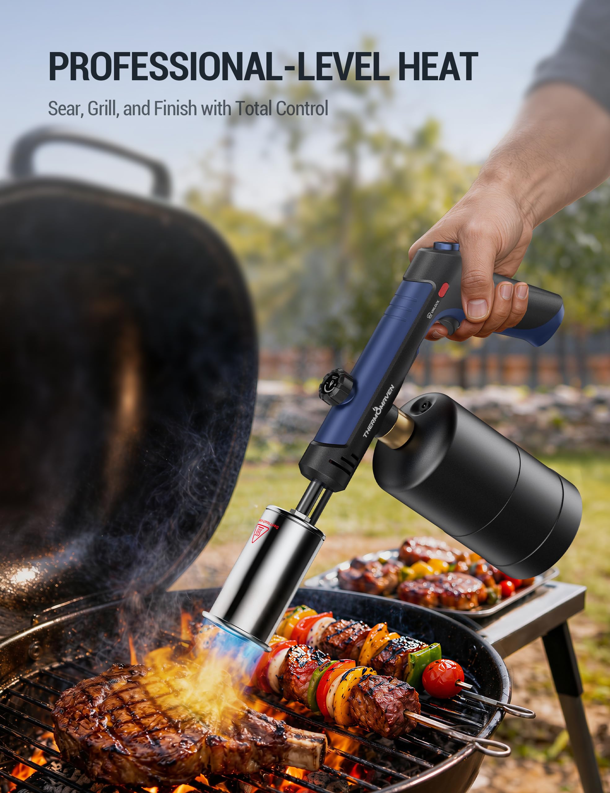 ThermoMaven Antorcha de propano con fuego máximo de un solo toque, pistola de soplete con bloqueo de seguridad, lanzallamas para encendedor de carbón, cabezal de antorcha de cocina para parrilla, Sous