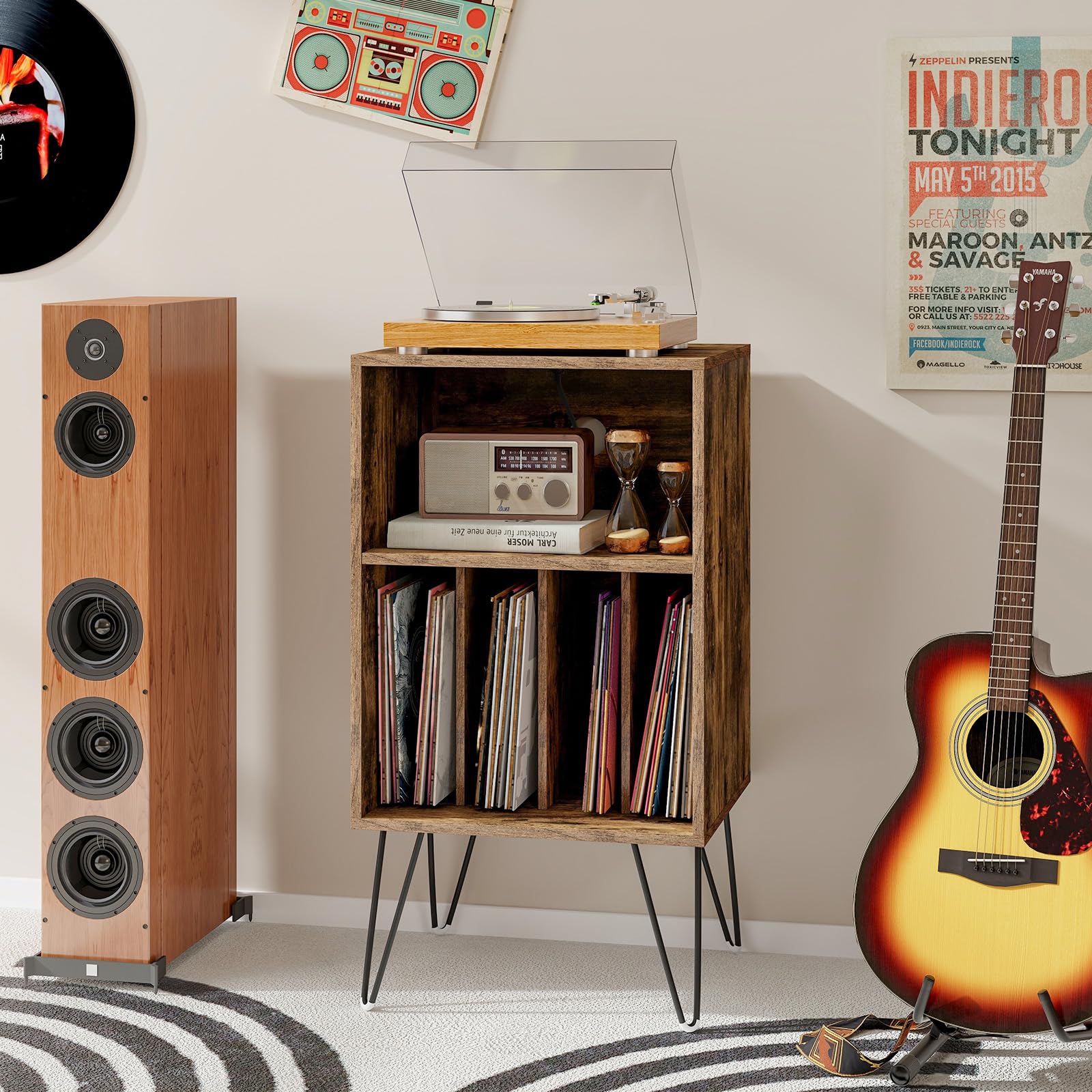 GIANTEX Support Tourne-Disque Vinyle à 3 Niveaux, Table d'Appoint avec Station de Charge, USB Type C, 2 Prises, Meuble Tourne-Disque avec Pieds en Métal, 48 x 40 x 88 CM (Marron Routique)