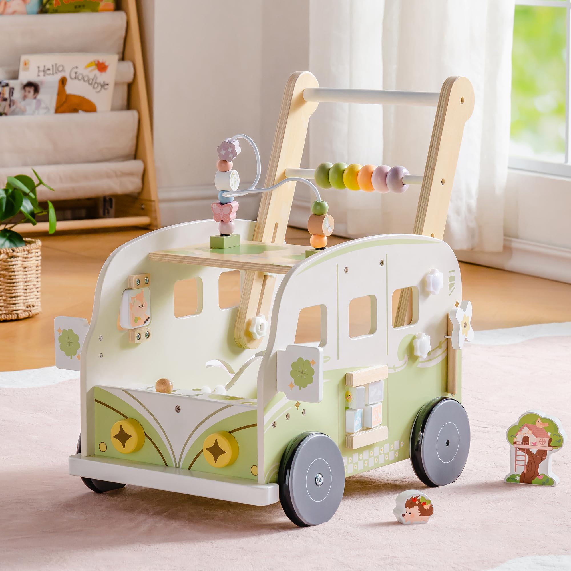 ROBOTIME Poussette d'apprentissage en bois multifonctionnelle avec réglage de la hauteur et contrôle de la vitesse, cadeau pour les tout-petits de 10 à 36 mois (animaux de la jungle vert)