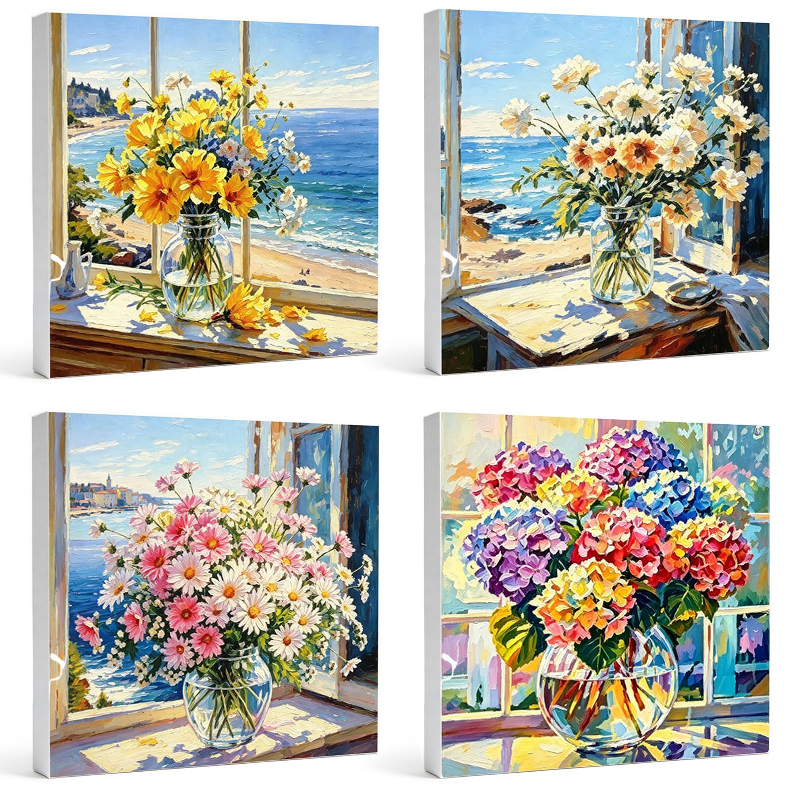 XunHe 4 Pack Framed Canvas Paint by Numbers for Kids Adults - 20x20cm Colourful Flowers Painting by Numbers Kit for Beginner Canvas Kits, Easy to DIY Acrylic Painting Craft Kits for Home Wall Decor