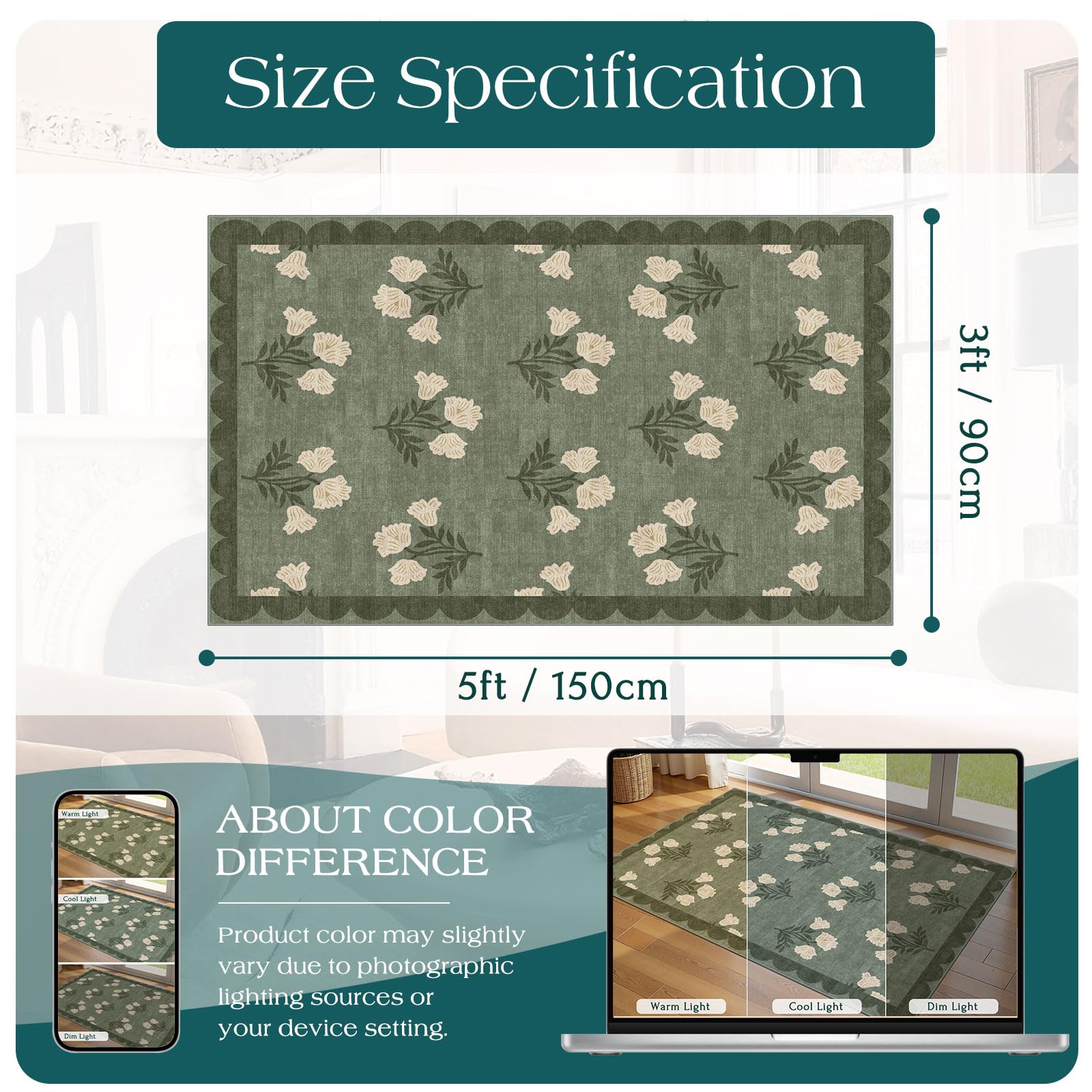 Türvorleger, 90 x 150 cm, Blumenmuster, klein, waschbar, für innen und außen, rutschfest, Frühlings-Vorleger, grün, gewellt, für Wohnzimmer, Schlafzimmer, Eingangsbereich, Küche, Büro, Veranda