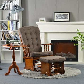 Solid Wood Glider Rocking Chair and Ottoman Set, Coffee Brown | Rustic Nursery Glider Rocker with Padded Cushion Armrest, Smooth Rocking Motion Indoor Living Room Nursing Napping Reading