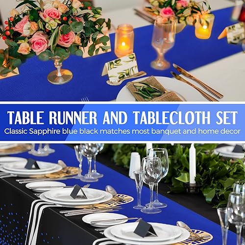 Miniatura 5 de Breling - Juego de 16 manteles desechables de plástico y camino de mesa de satén, color negro y azul, 54 x 108 pulgadas, manteles y caminos de mesa