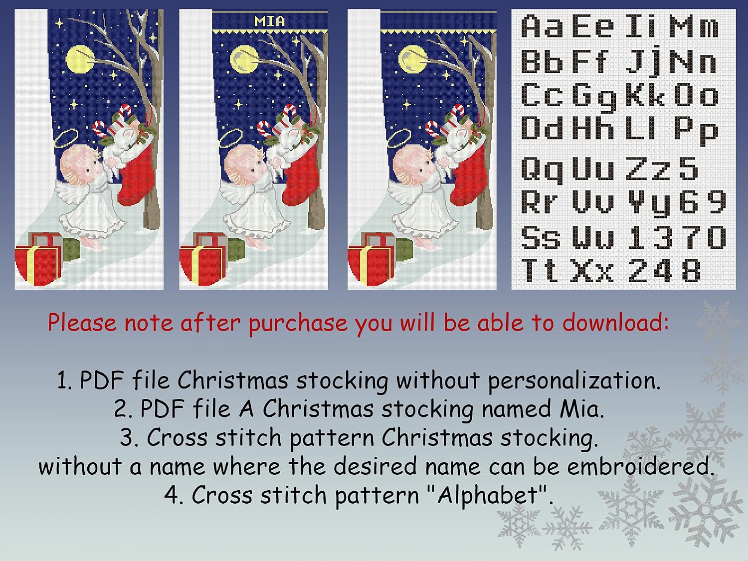 Cross Stitch Patterns Christmas Stocking PDF, Personalized Modern Counted Printable Easy Religious Catholic Holiday Stockings DIY, Cute Angel cat Simple Design for Beginners, Digital Download