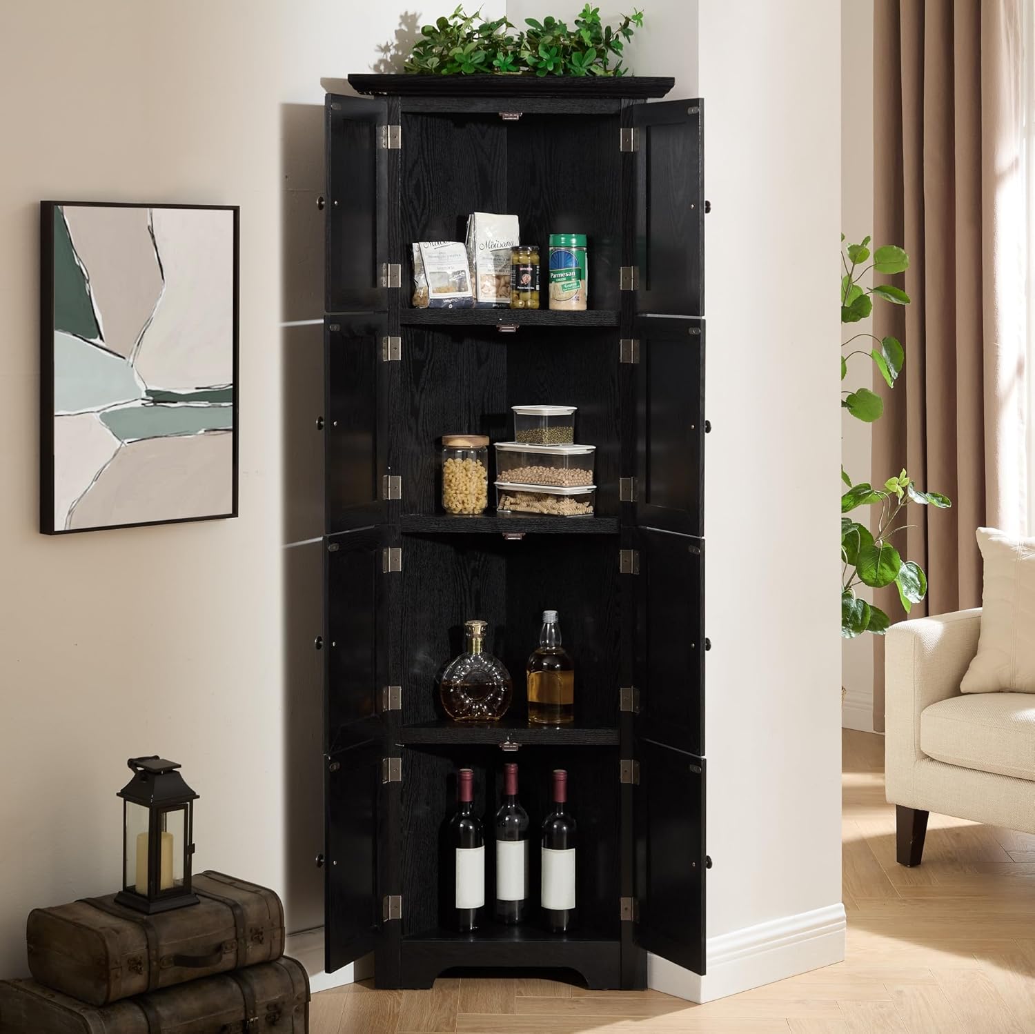 Corner Storage Cabinet 72" H Wooden Kitchen Pantry with 8 Doors, Freestanding Bookshelf Cabinet with Adjustable Shelves for Living Room (Black & Style 2)