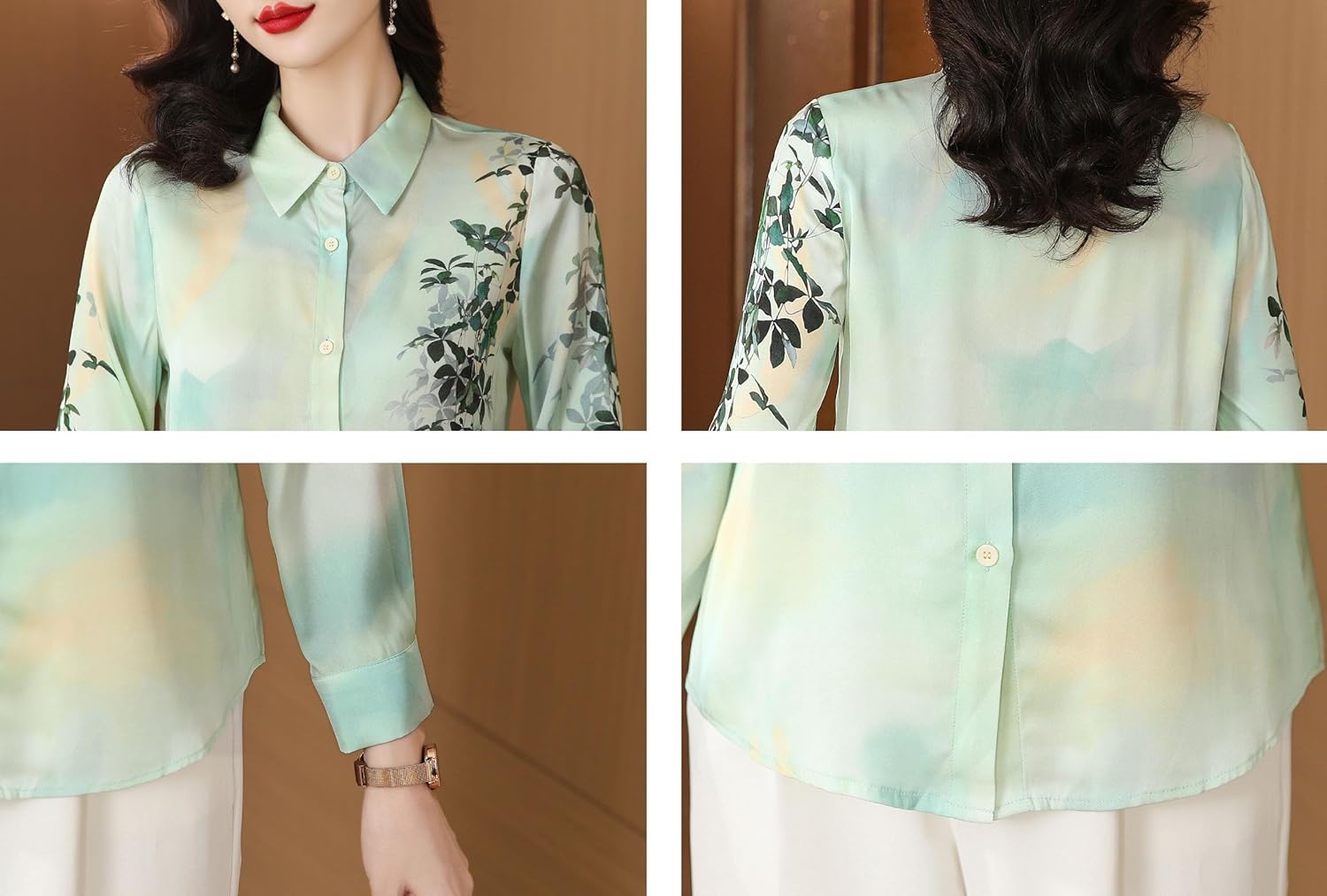 LAI MENG FIVE CATS Women's Silk Satin Shirt Floral Print Long Sleeve Button Down Casual Blouse Top - Image 6