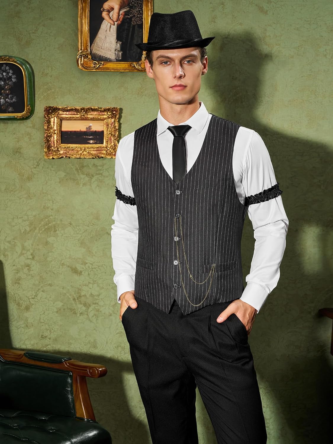 YESSA 1920s Mens Costume,1920 Mens Outfit,Roaring 20s Costumes for Men,1920s Hat Vest Pocket Watch Suspenders Tie - Image 3