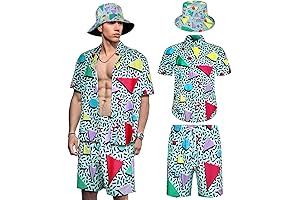 Men's 2-Piece 80s 90s Retro Shirt and Shorts Set with Hat