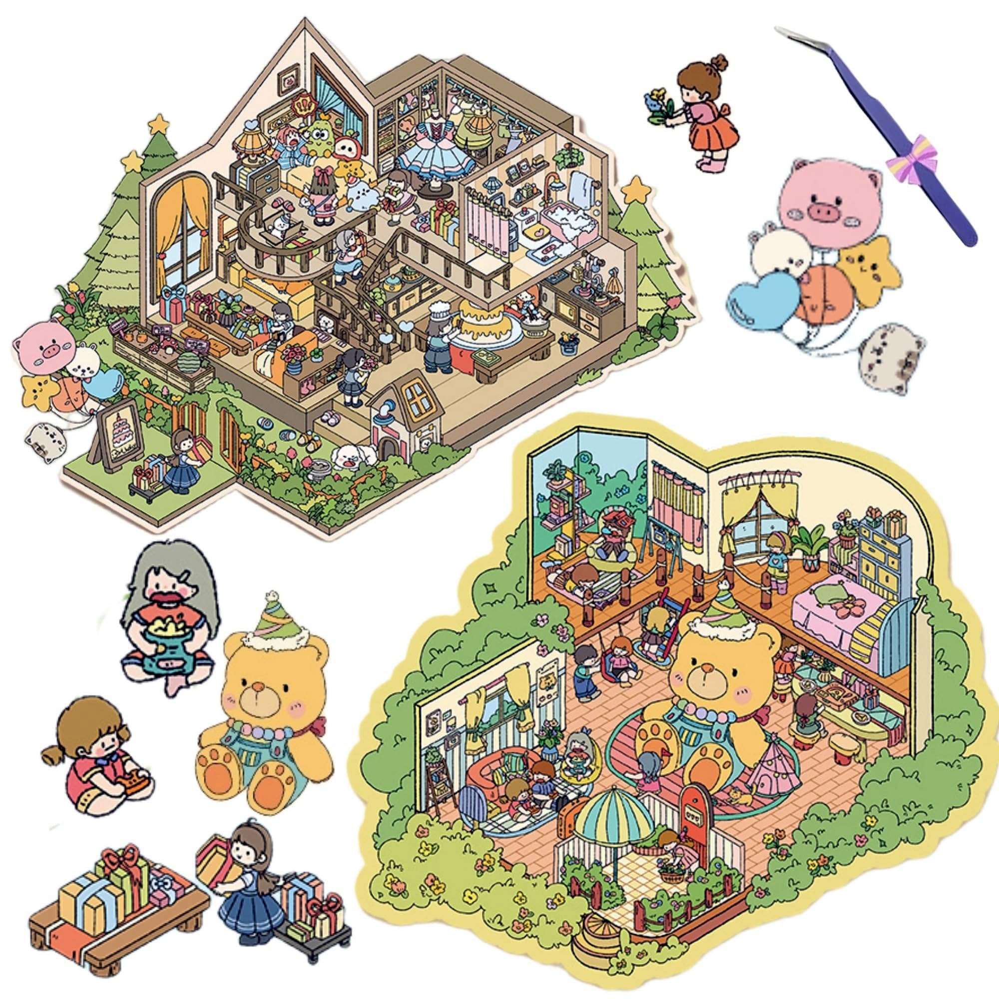 DSNJPZX Large DIY 3D Sticker Scene - Cute and Funny Cartoon Sticker Scenes - Make Your Own Stickers - Scene Stickers for Adult Kids Relief Stress Pass