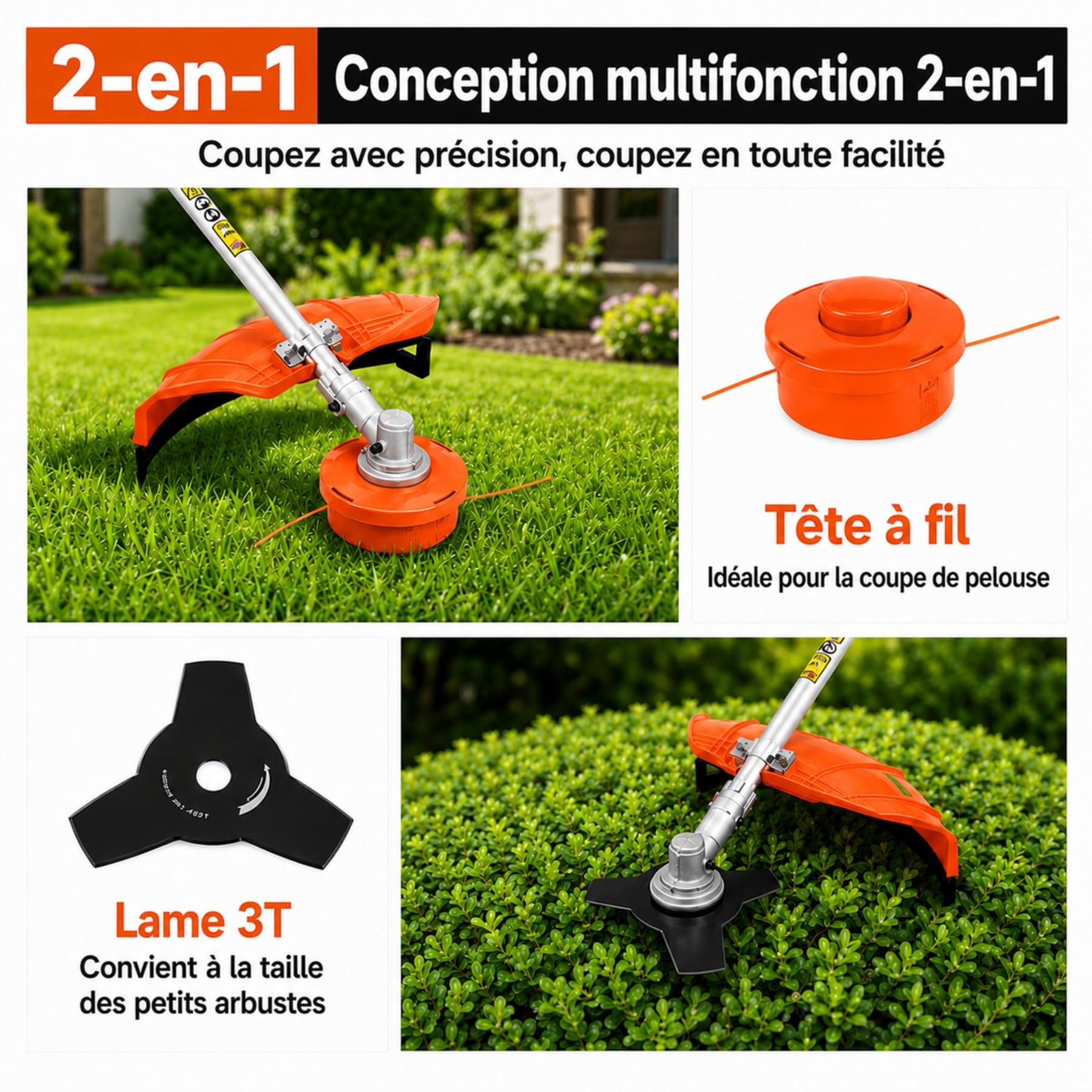 Débroussailleuse Thermique 52 cm³, Débroussailleuse Essence 2 Temps 2,2 KW 8500 TR/Min, 2 en 1 Coupe-Bordure avec Lame 3 Dents, Tête à Fil, Guidon en U Anti-Vibration