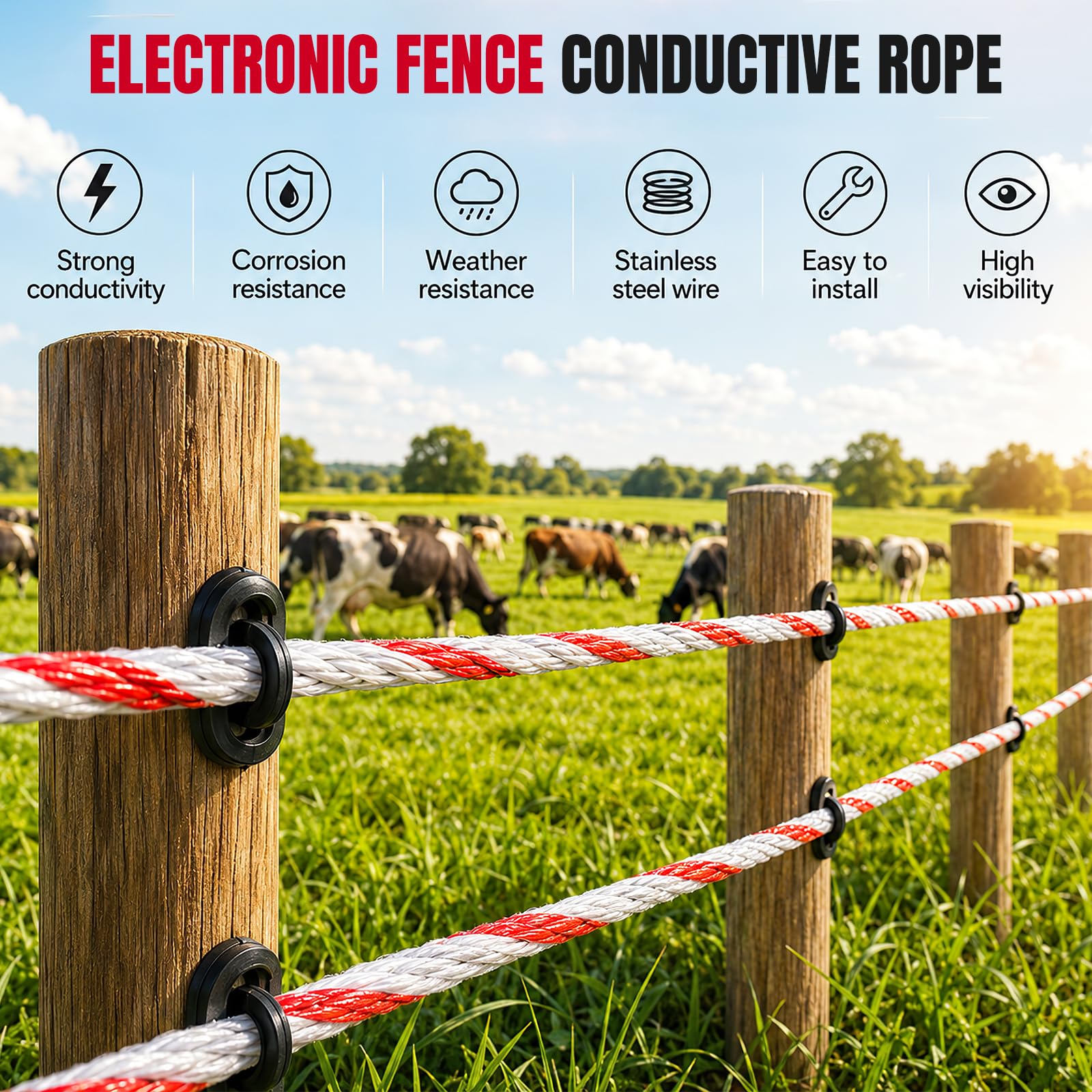 Filo Recinzione Elettrica 1000m, Corda per Recinzione Elettrica | Filo resistente per recinzione elettrica Corda elettrica bianco-rossa per cavalli, bovini e ovini