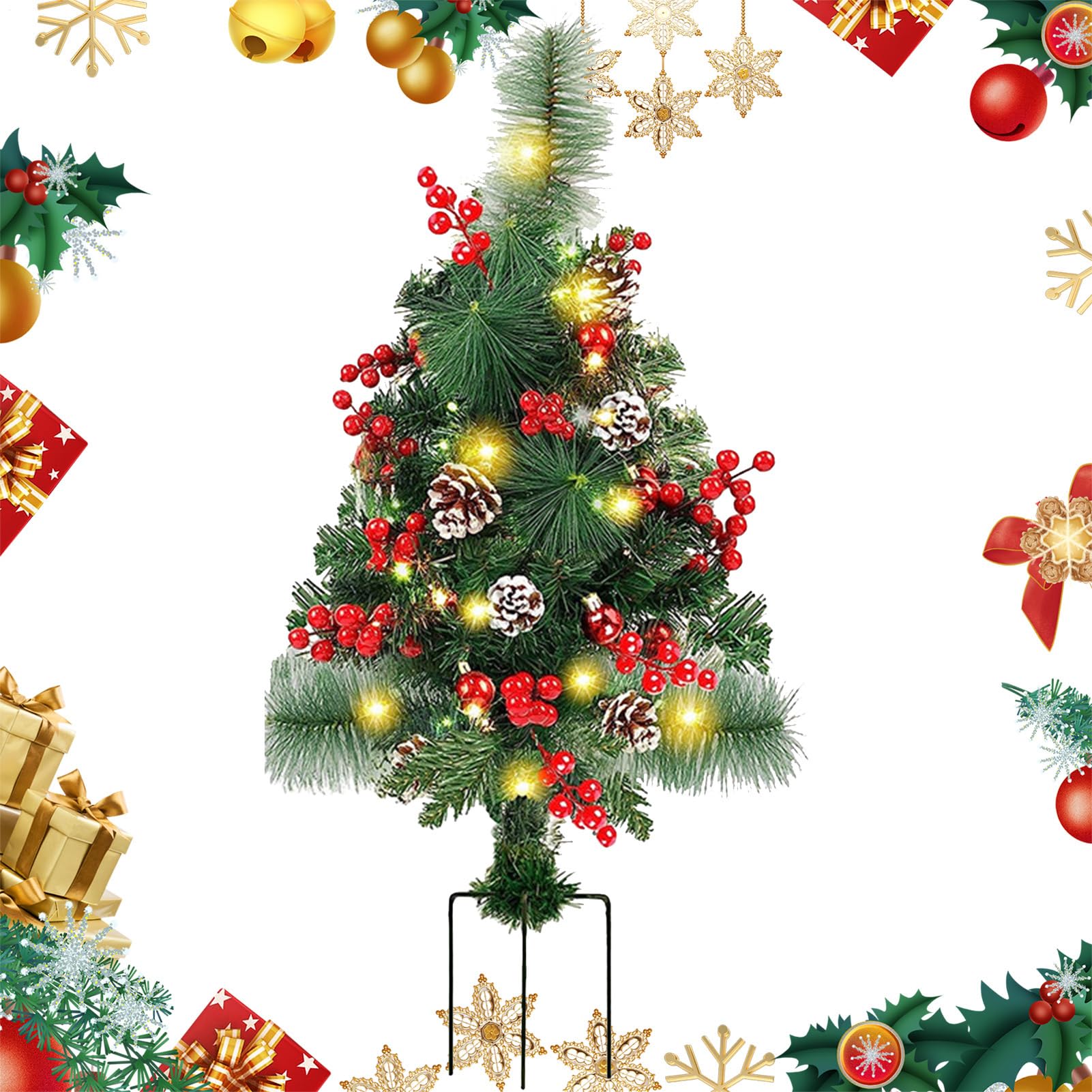 Sapin de Noël illuminé extérieur 60cm : arbre décoratif LED avec pommes de pin