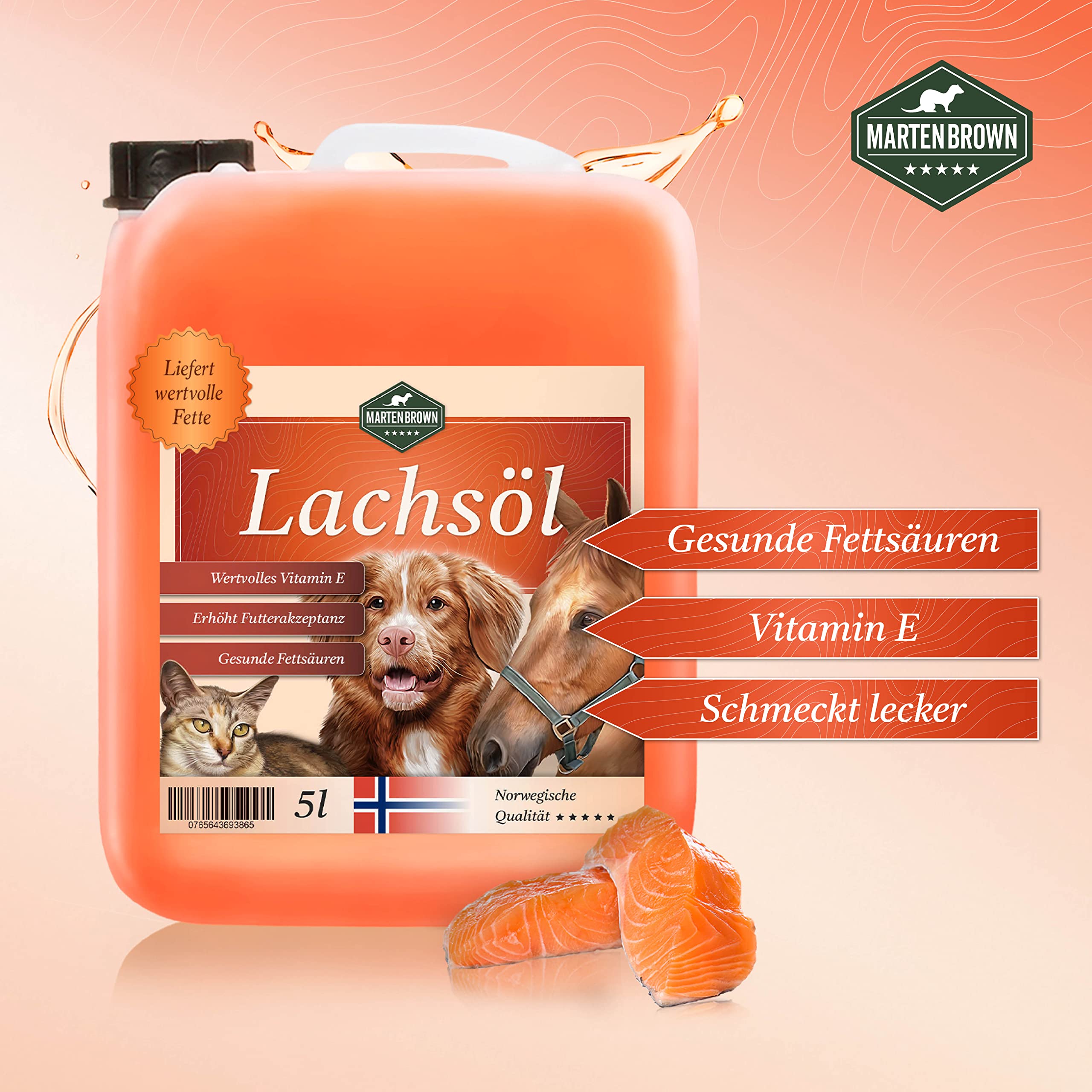 Martenbrown® 5 litres d'huile de saumon premium norvégienne pour chiens, chevaux et chats | Huile de poisson en bidon | pour nourriture sèche, conserves ou comme huile Barf