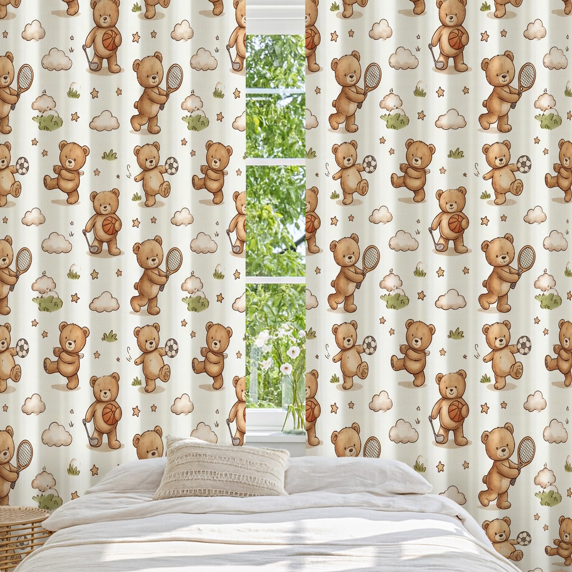 Teddybär-Verdunkelungsvorhänge, verspielte Fantasie, Wolkenstern, Frühling, Beige, maschinenwaschbar, Fensterpaneele für Wohnzimmer, Zuhause, Büro, Fensterdekoration, 132 x 213 cm