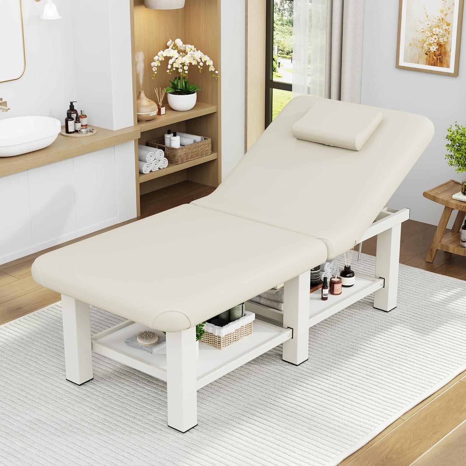 pouseayar Stationary Massage Table Folding Bed with Backrest for Treatment Table Physical Therapy Table Spa Facial Bed, Metal Frame PU Leather, 30.5'' Wide × 75'' Long - Beige Gray
