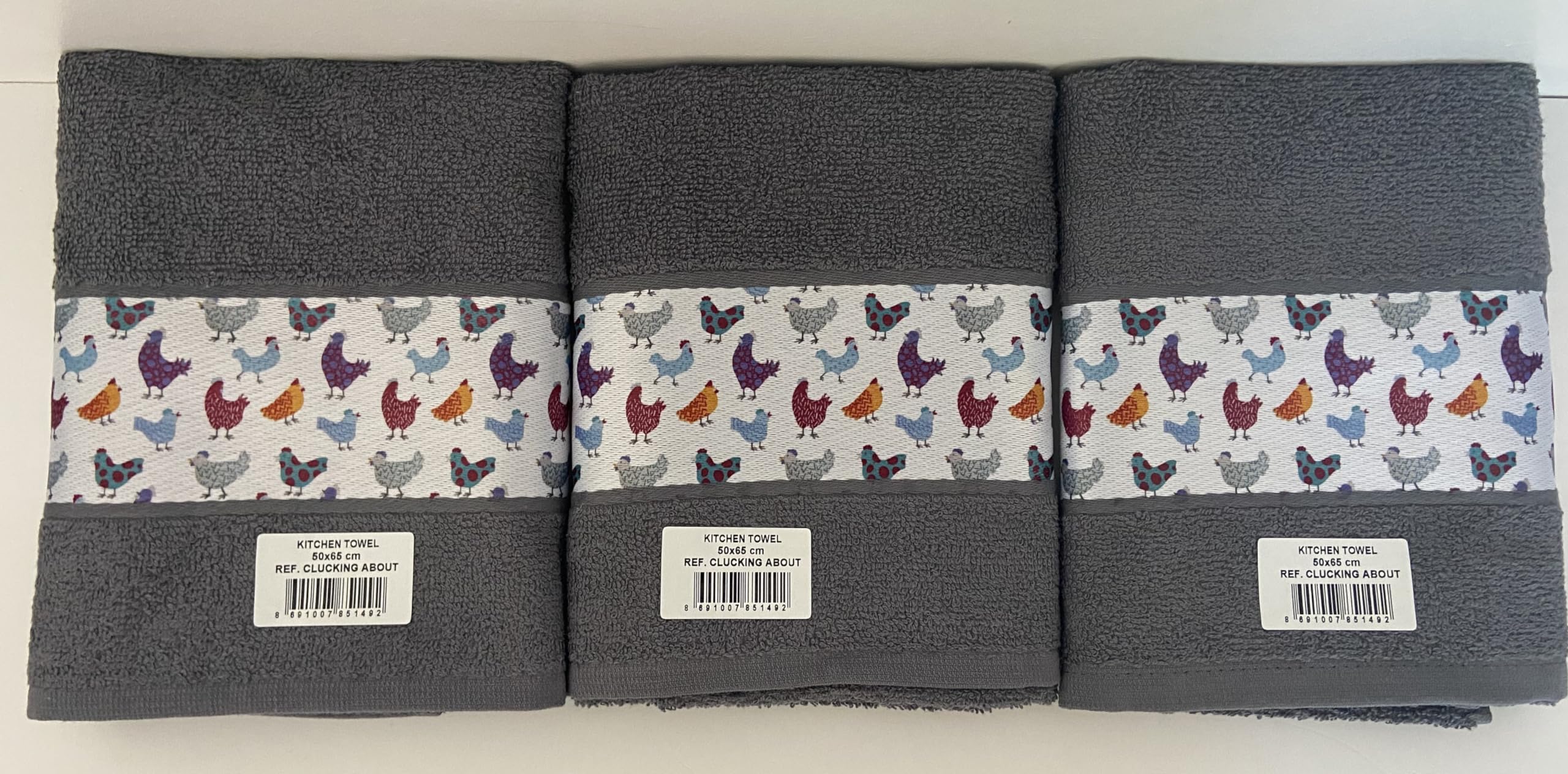 Jansons Direct Linens 100% Cotton 3 Pack Clucking Hens Design Kitchen Hand Tea Towels in Charcoal Grey