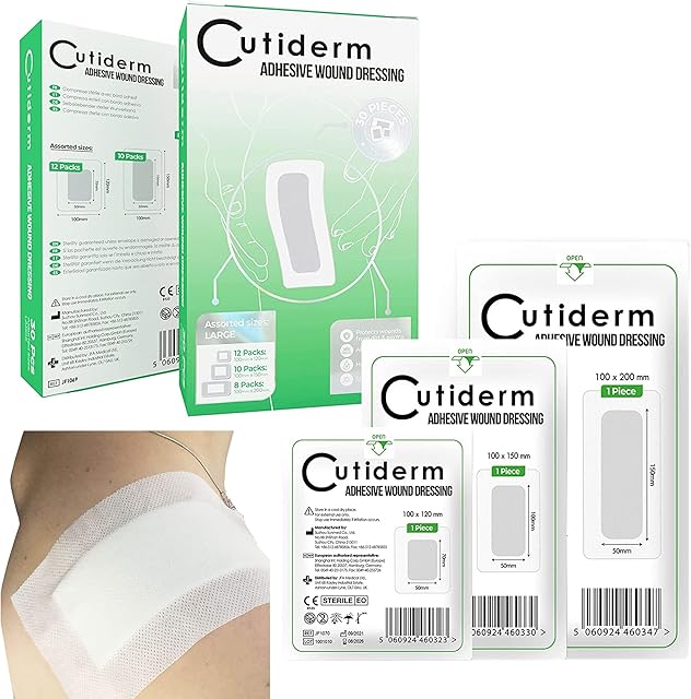 Pack of 30 Large Cutiderm Assorted Adhesive Sterile Wound Dressings Suitable for cuts and grazes, Diabetic Leg ulcers, venous Leg ulcers, Small Pressure sores
