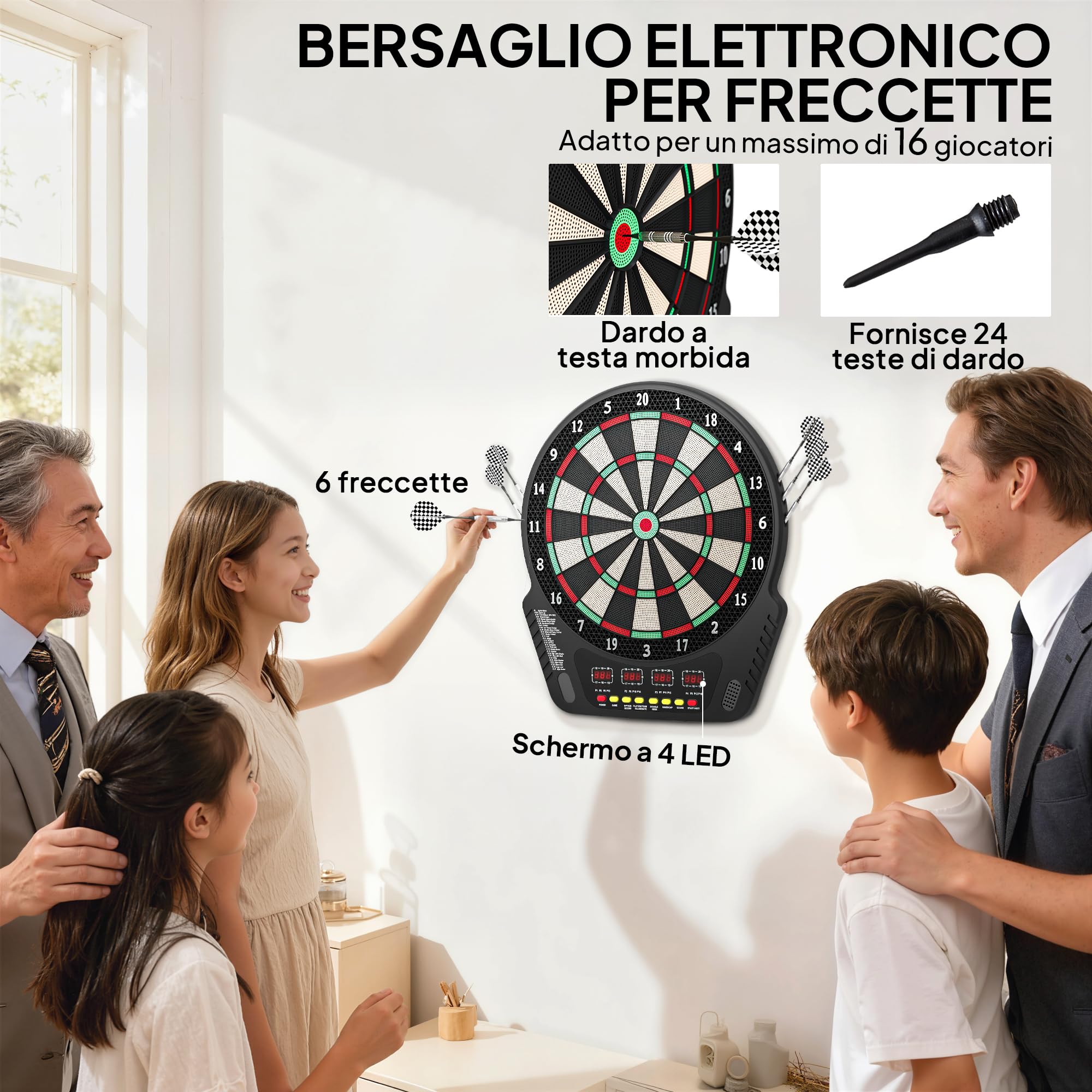 HOMCOM Tabellone Freccette Elettronico 243 Programmi 27 Giochi 6 Freccette 4 Display LED 44x51.5x3.2 cm Nero
