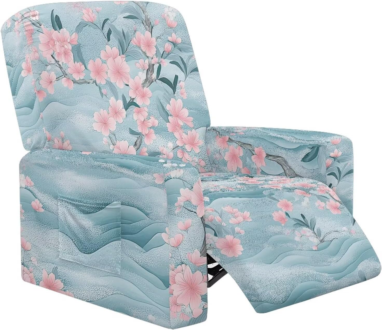 FOR U DESIGNS Floral Pink Blue Furniture Covers for Recliners 4-Pieces Stretch Slipcovers with Elastic Edges Pockets Easy Install Against Pets Scratch Proof