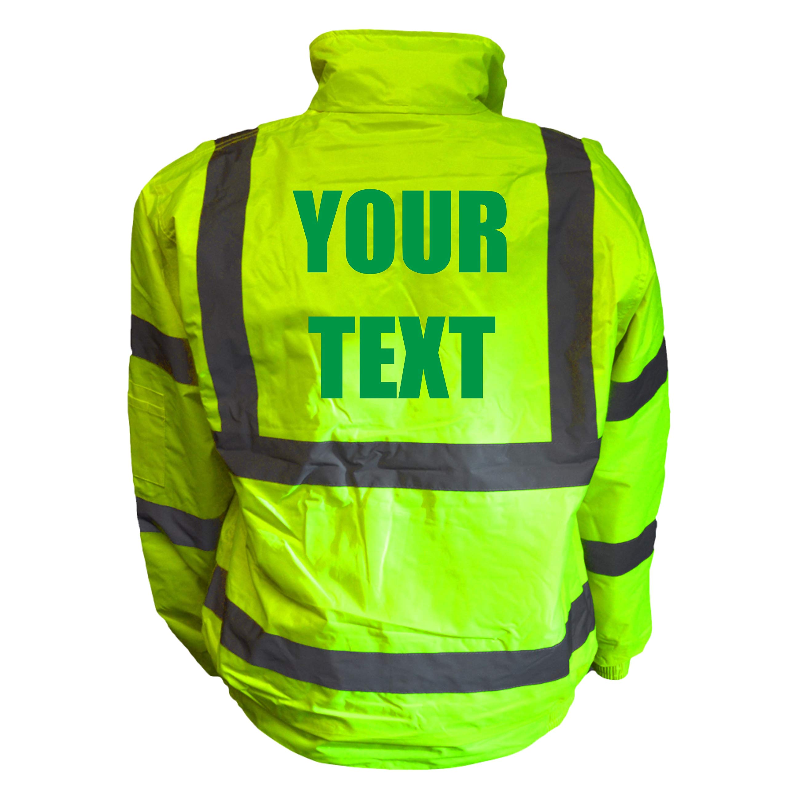 Presonalised Custom Green Text Yellow Hi Vis Bomber Jacket Reflective, Waterproof, Medical, Conforms to EN20471 Class 3, High Visibility, By Brook Hi Vis, XXXXLarge