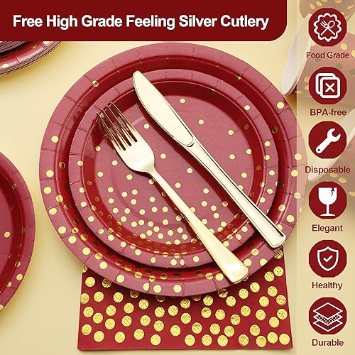 Miniatura 3 de 175 piezas de suministros de fiesta de color burdeos y oro, juegos de platos y servilletas de color burdeos para 25 invitados, platos de papel