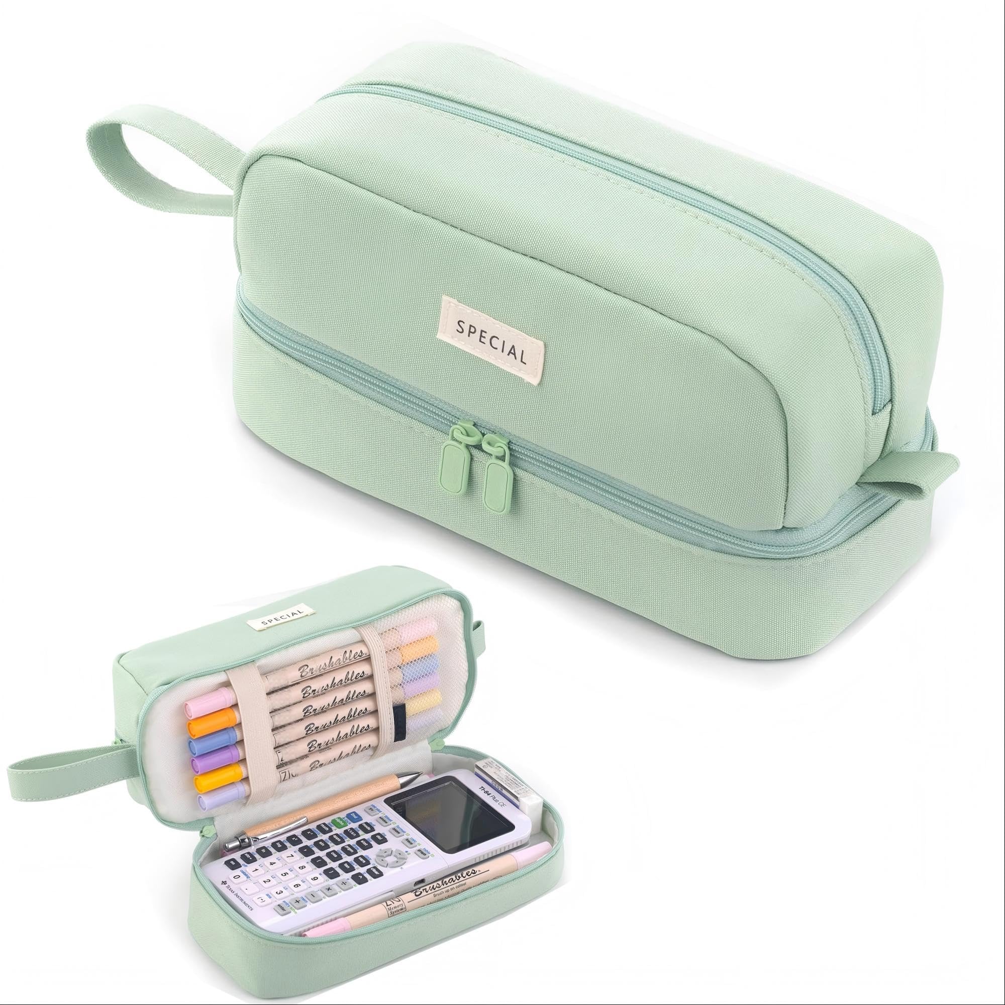 KASTWAVE Large Pencil Case, Big Capacity Large Pencil Cas,e Canvas Pen Pouch Bag with 2 Compartments for Girls Boys Teen School Students Adults, Stationery Pouch Pen Case for Office (Green)