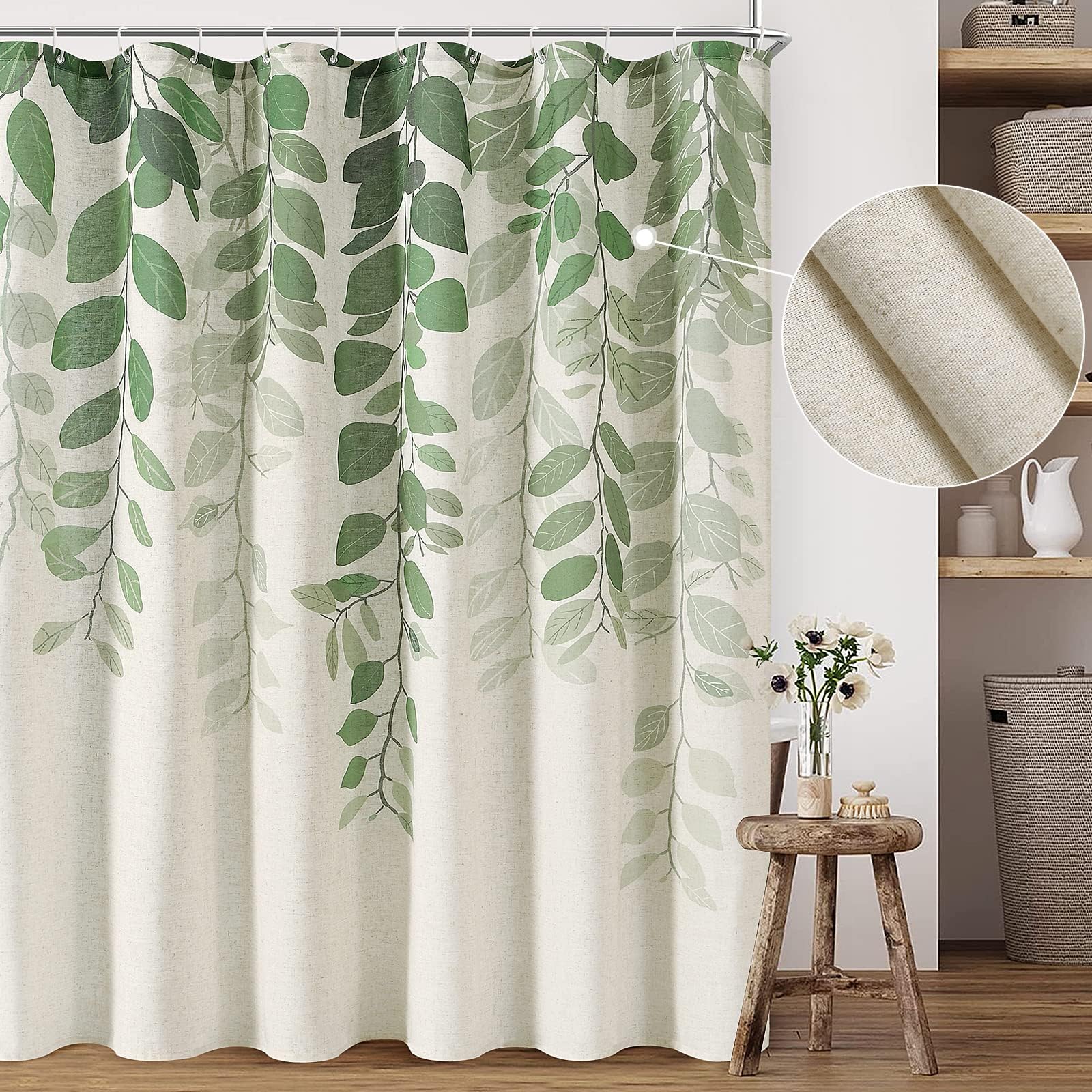 SMABU Green Shower Curtains for Bathroom Linen Shower Curtain Nature Themed Plants Leaves Botanical Sage Green and Cream Fabric Cloth Bath Curtain Set Boho Modern Farmhouse 72x72