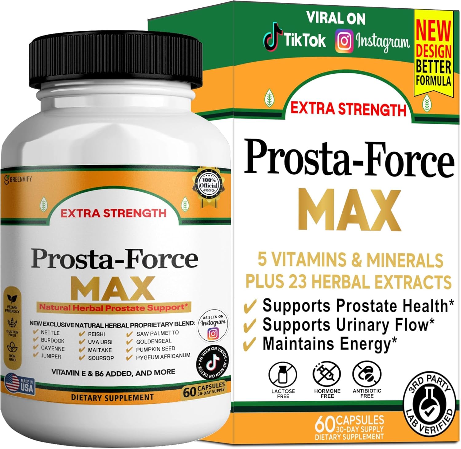 Prosta-Force Max Extra Strength Prostate Support, Natural Herbal Supplement with Saw Palmetto, Pygeum, Plant Sterols, 60 Capsules (2)
