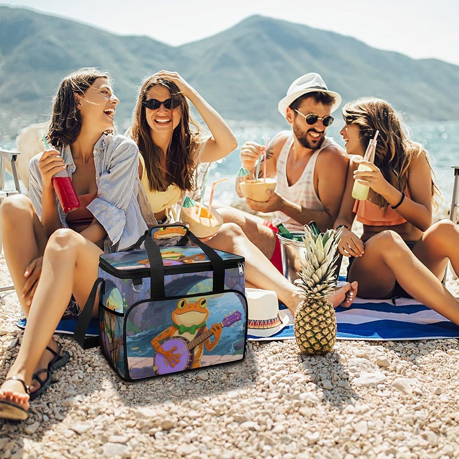 Insulated Picnic Backpack Tote Bag, Large Capacity 30L Orange Frog Playing Banjo Cooler Bag Leakproof Beach Bags Portable Lunch Box Waterproof Picnic Basket for Beach Camping BBQ