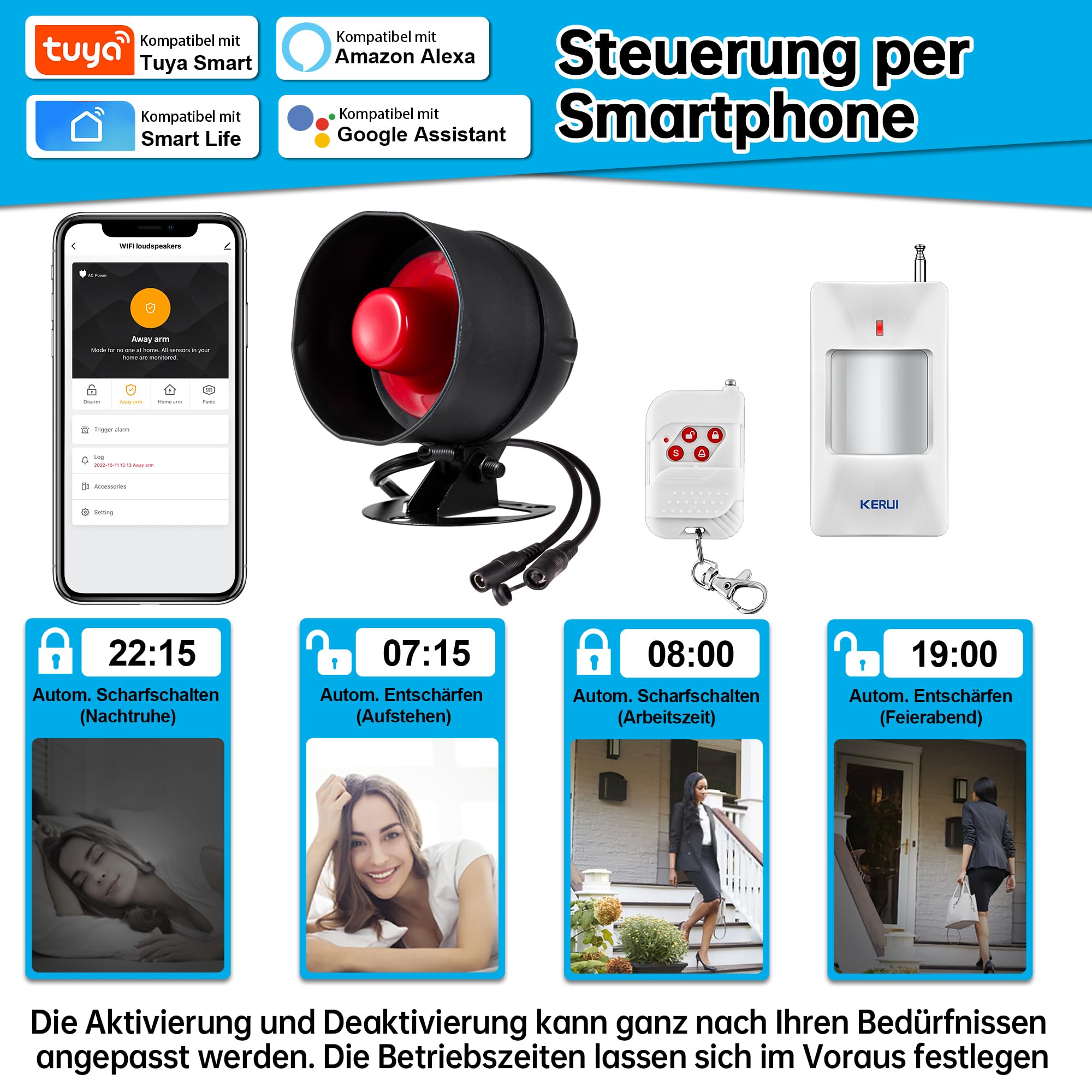 WiFi Alarmanlage, 120 dB Funkalarmsystem für die Haussicherheit mit kostenloser 5*Bewegungsmelder-Sirene und Fernbedienung für Schuppen und Garage