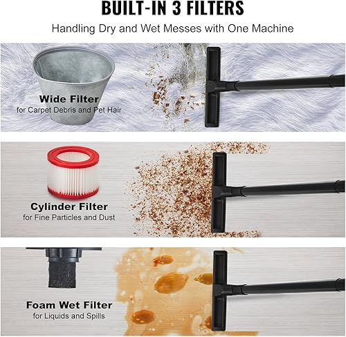 Miniatura 3 de VEVOR Shop Vac Aspiradora húmeda y seca de 5 galones y 6 caballos de fuerza de potencia de succión con función de soplador y accesorios, boquilla