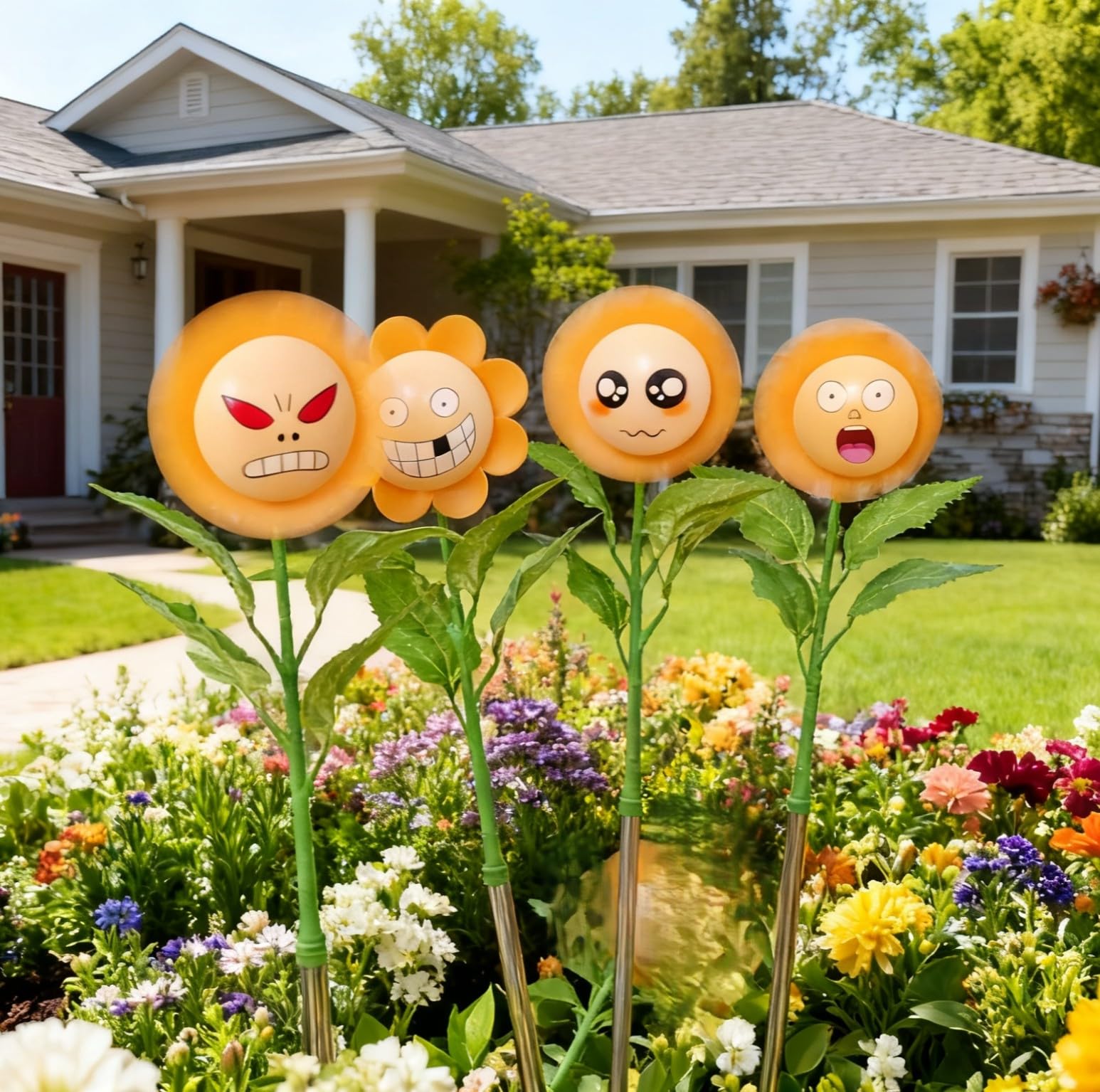 TORANKOS 4 Pack BobbleHead Emoji Wind Spinners Sunflower Pinwheels - Garden Decor, pathway, Lawn, Yard Stake Light Windmill for Decorations Statues