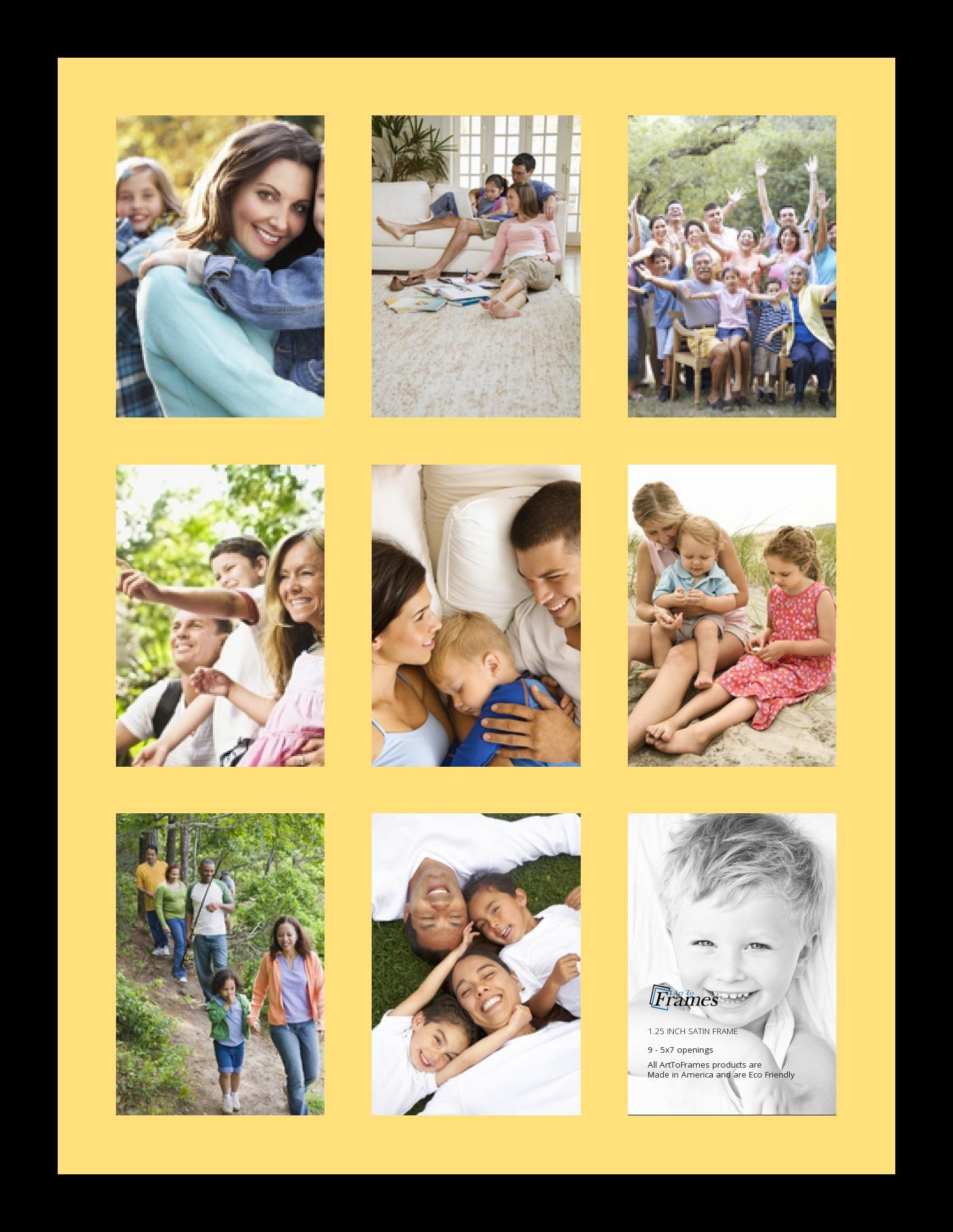 ArtToFrames Collage Photo Frame Single Mat with 9-5x7 Openings with Satin Black Frame and Canary mat.