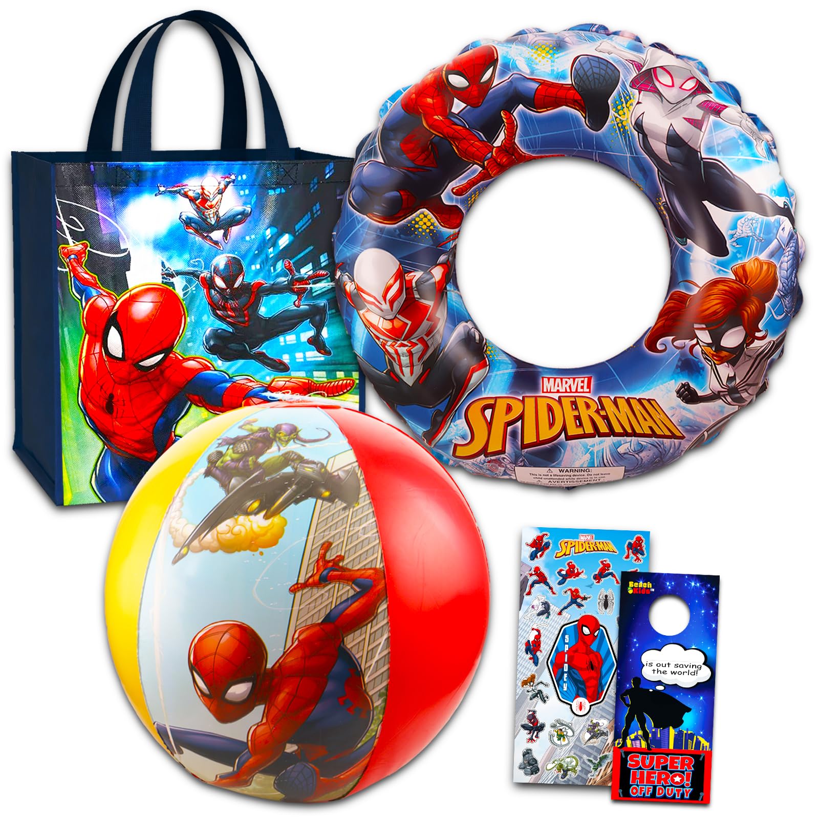 Marvel Spiderman Ultimate Pool Set - 5 Pc Spiderman Beach Toys Bundle with Beach Ball, Swim Ring, Tote, Plus Stickers and More | Spiderman Pool Toys