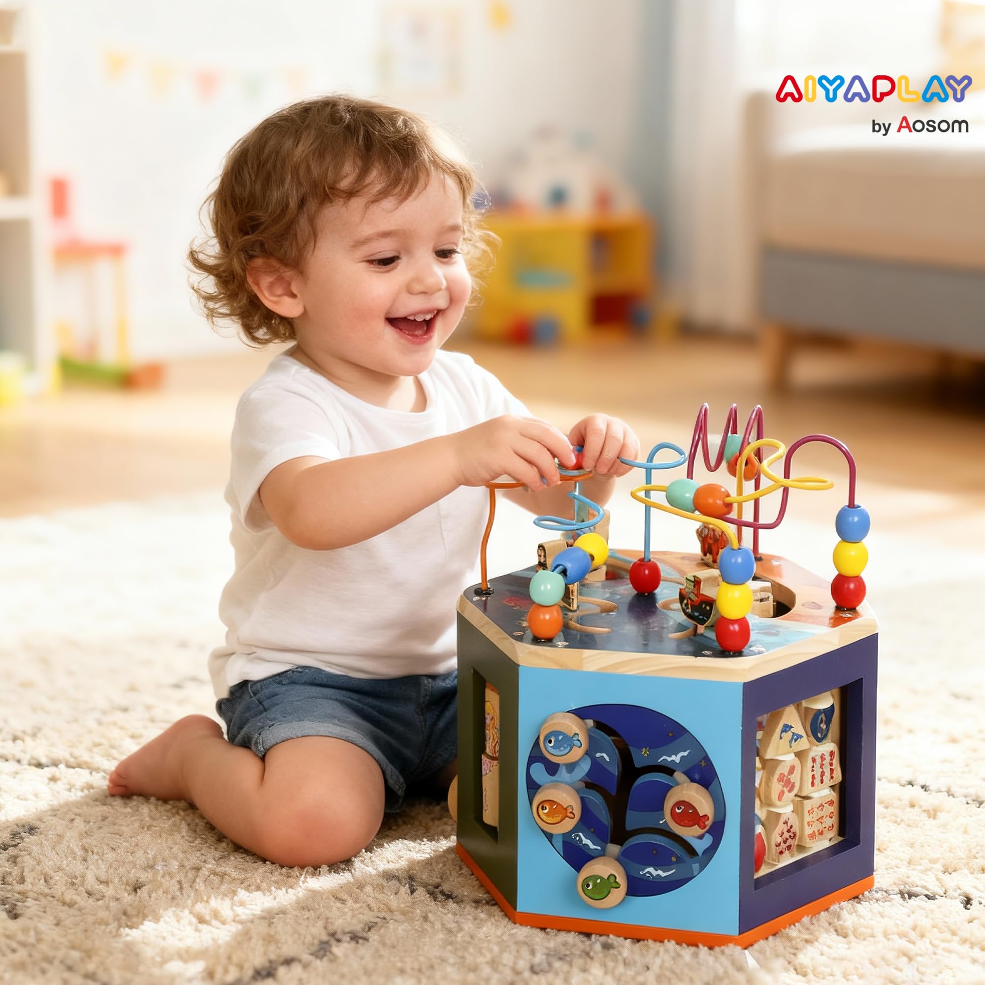 AIYAPLAY Wooden Activity Cube, Montessori Baby Toys with Bead Maze, Pattern Sorter, Early Educational Sensory Toys, Birthday Gift for Toddlers Boys and Girls 18+ Months