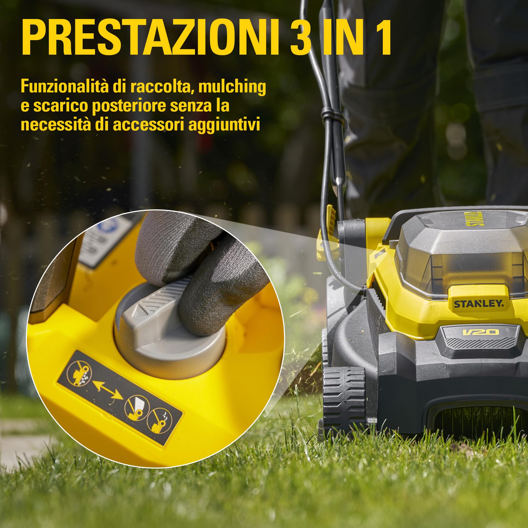 STANLEY V20 Cordless Brushless 34cm Walk-Behind Mower, include batteria Li-Ion 4Ah e caricatore 2A, 18V, SCMWP3401M1-QW