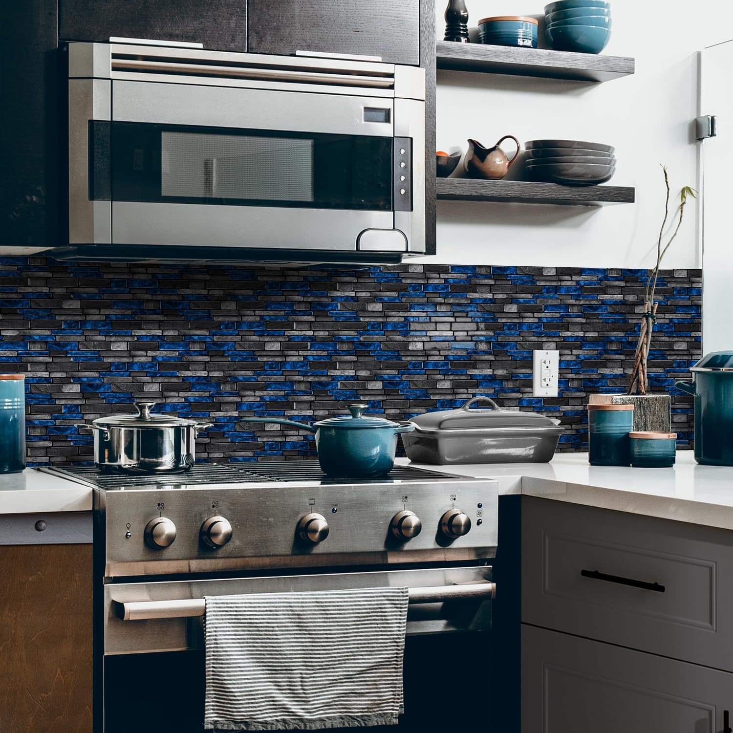 3D Textured Peel and Stick Backsplash,24-Piece PVC Tiles,Black&Blue | Waterproof & Durable, Perfect Decor for Kitchen, Bathroom and Home Wall Renovation