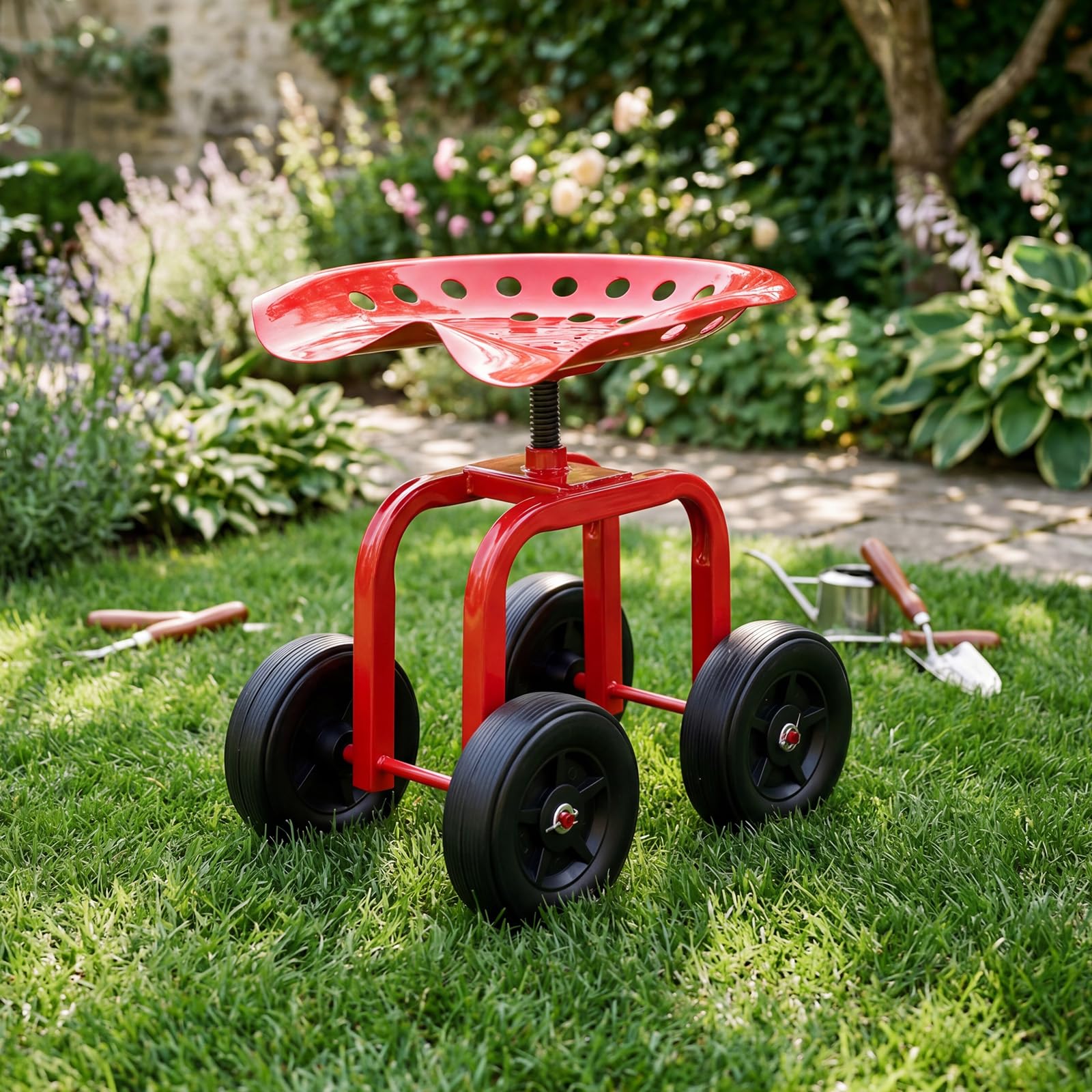 COSTWAY Sgabello con Ruote per Giardinaggio, Sedile con Ruote Regolabile in Altezza e Portatile, Seggiolino da Giardino, Prato e Cortile, Portata 150kg (Rosso)