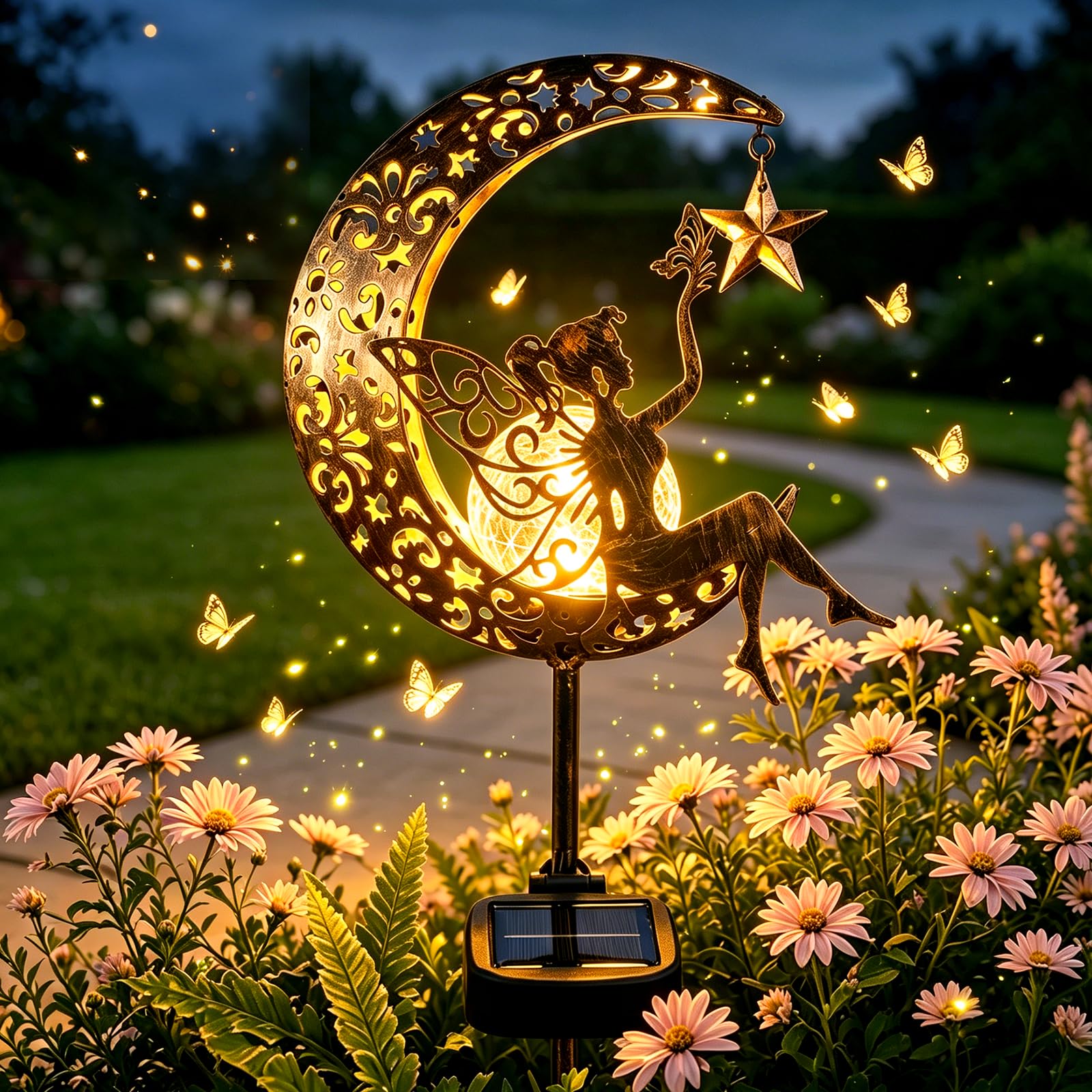 1 Pack Solar Lights Outdoor Garden Stake, Waterproof LED Solar Crackle Glass Globe Light, Metal Moon Fairy Garden Ornaments, Warm White Outdoor Decor Light for Yard Path Lawn Patio(Fairy Star)