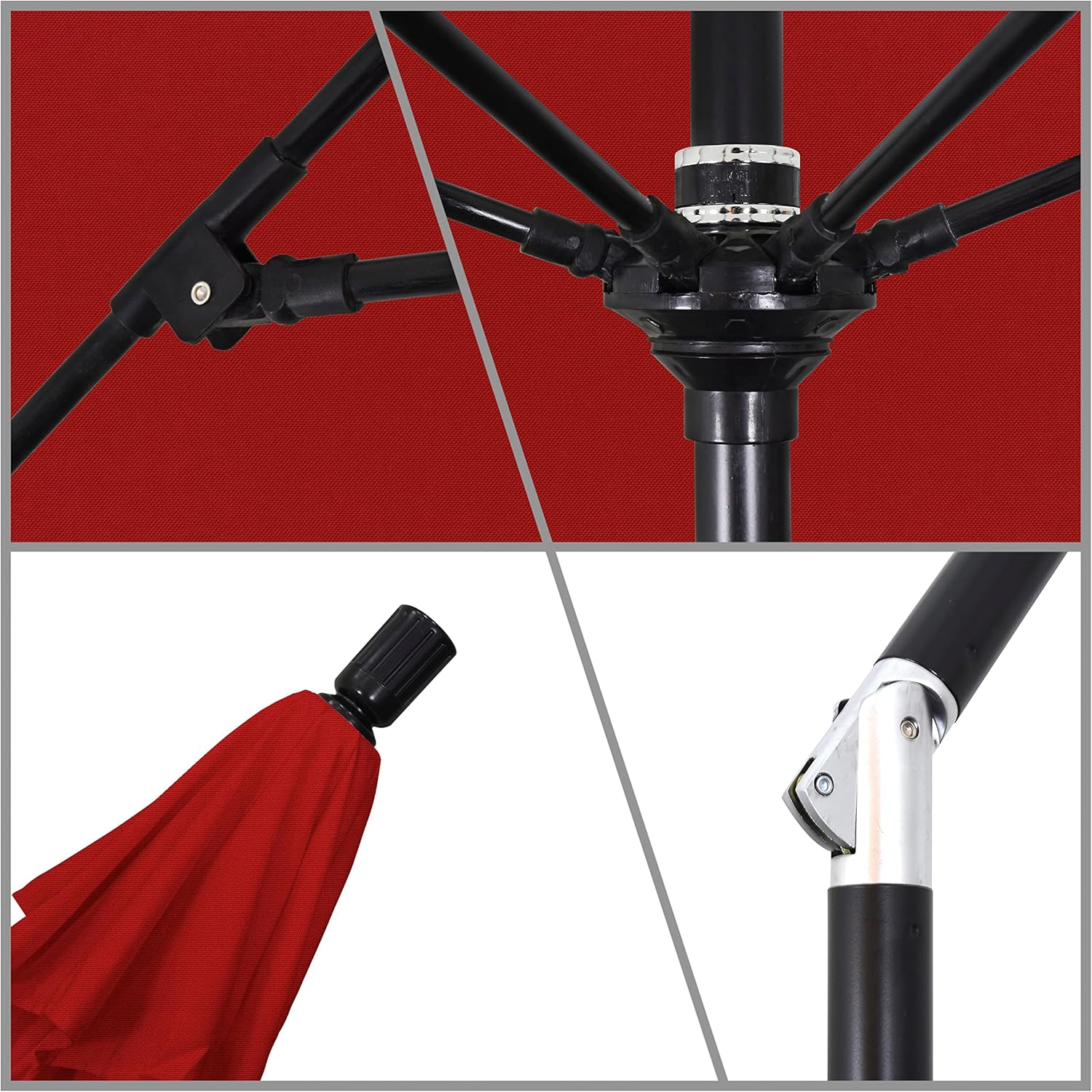 California Umbrella 9' Round Crank Lift, Collar Tilt, Aluminum Pole, Fiberglass Rib Patio Umbrella, Black Finish, Sunbrella Jockey Red
