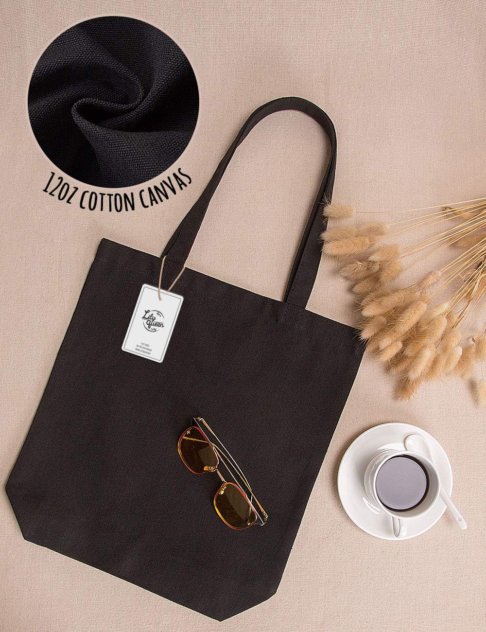 Lily queen Natural Canvas Tote Bags DIY Reusable Shopping Grocery Bag (Black - 6 Pack) - Image 4