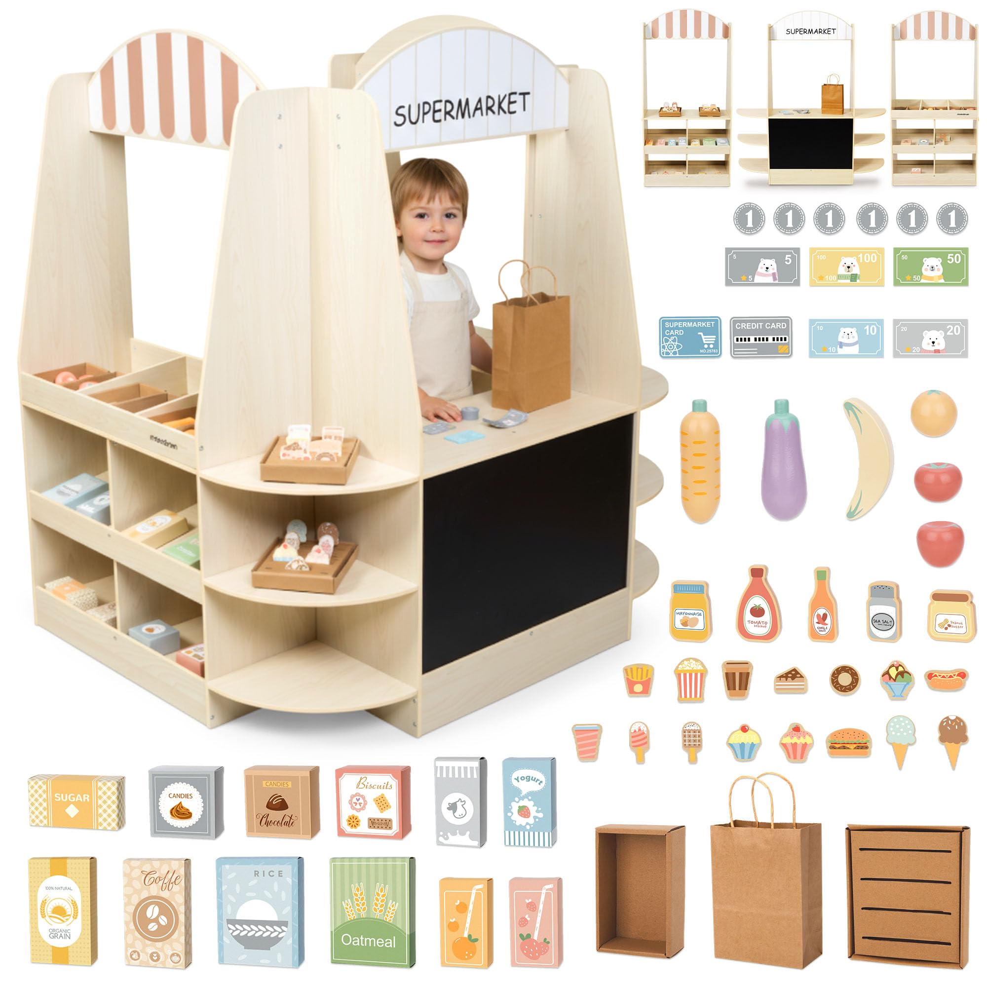 Mamabrum Grande Negozio di Legno per Bambini - 91 Pezzi per Gioco di Shopping con Lavagna, Frutta Verdura Cassa Accessori Educativi Divertimento 3+