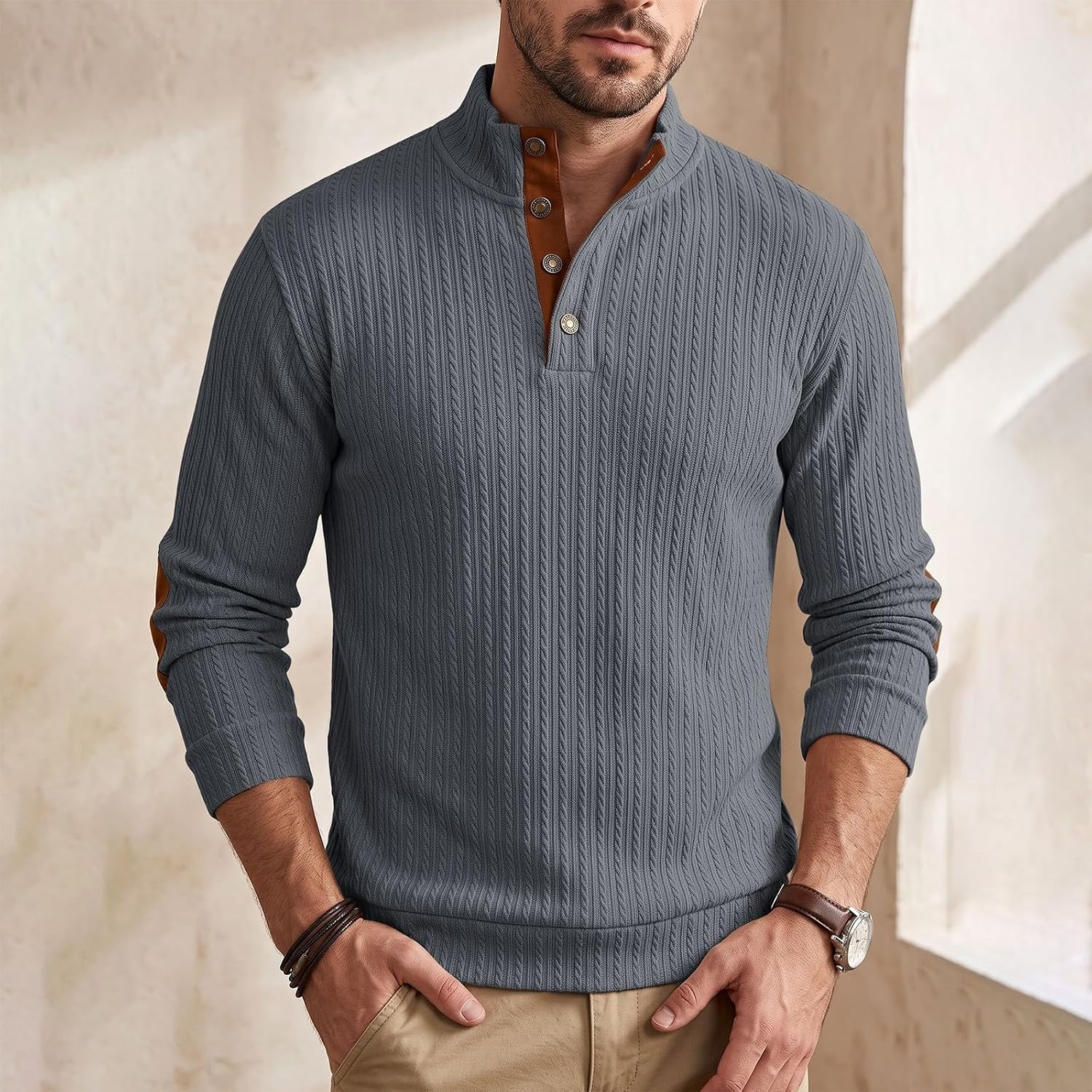 Men Cable Knit Henley Sweater Long Sleeve Button Front Pullover Top