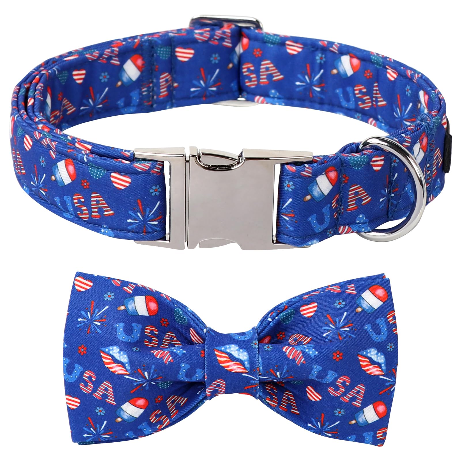 Lionet Paws 4th of July Dog Collar with Bowtie, Cute Summer Blue Dog Collar for Girl for Medium Dogs, Adjustable Popsicle Pet Collars for Small Medium