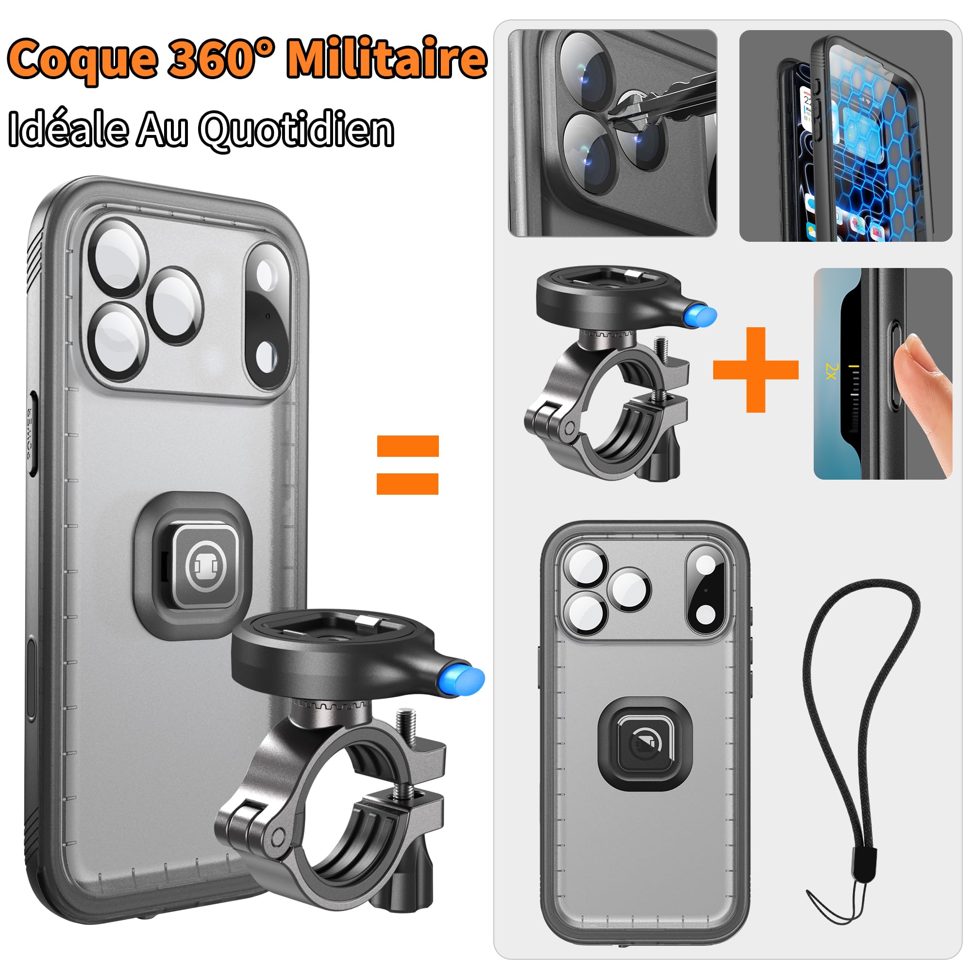 Cozycase Support Téléphone Velo Moto pour iPhone 17 Pro Etanche IP68 Antichoc - Metal Suport Vélo Route VTT Scooter Trotinette Guidon Bicyclette Sportive avec Écran Tactile Pluie Bike Holder