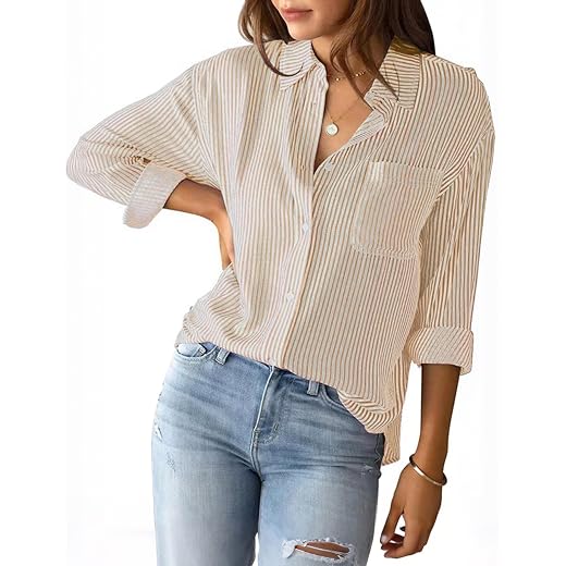 Blusa feminina listrada de botão clássica casual manga longa solta para trabalho de escritório com bolso