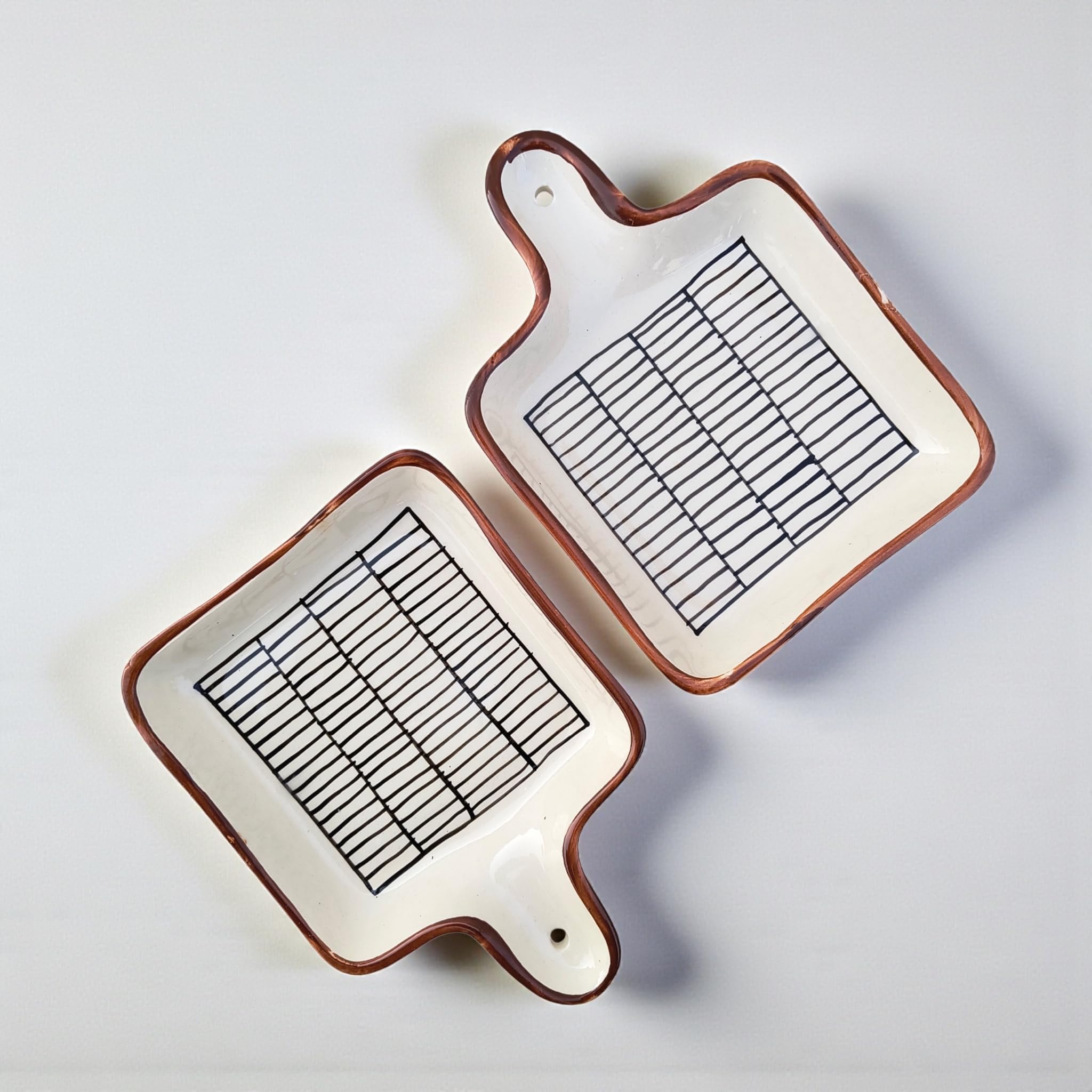 Handcrafted Ceramic Baking & Serving Tray with Handle, 7.5 x 5.5 Inch | Oven, Microwave & Dishwasher Safe Square Ceramic Serving Dish | Hand-Painted Black Grid Design